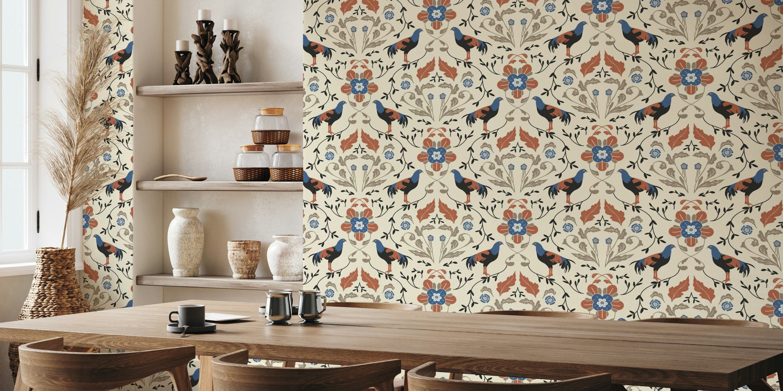 Victorian floral wallpaper with roosters in blue, orange, and cream colors