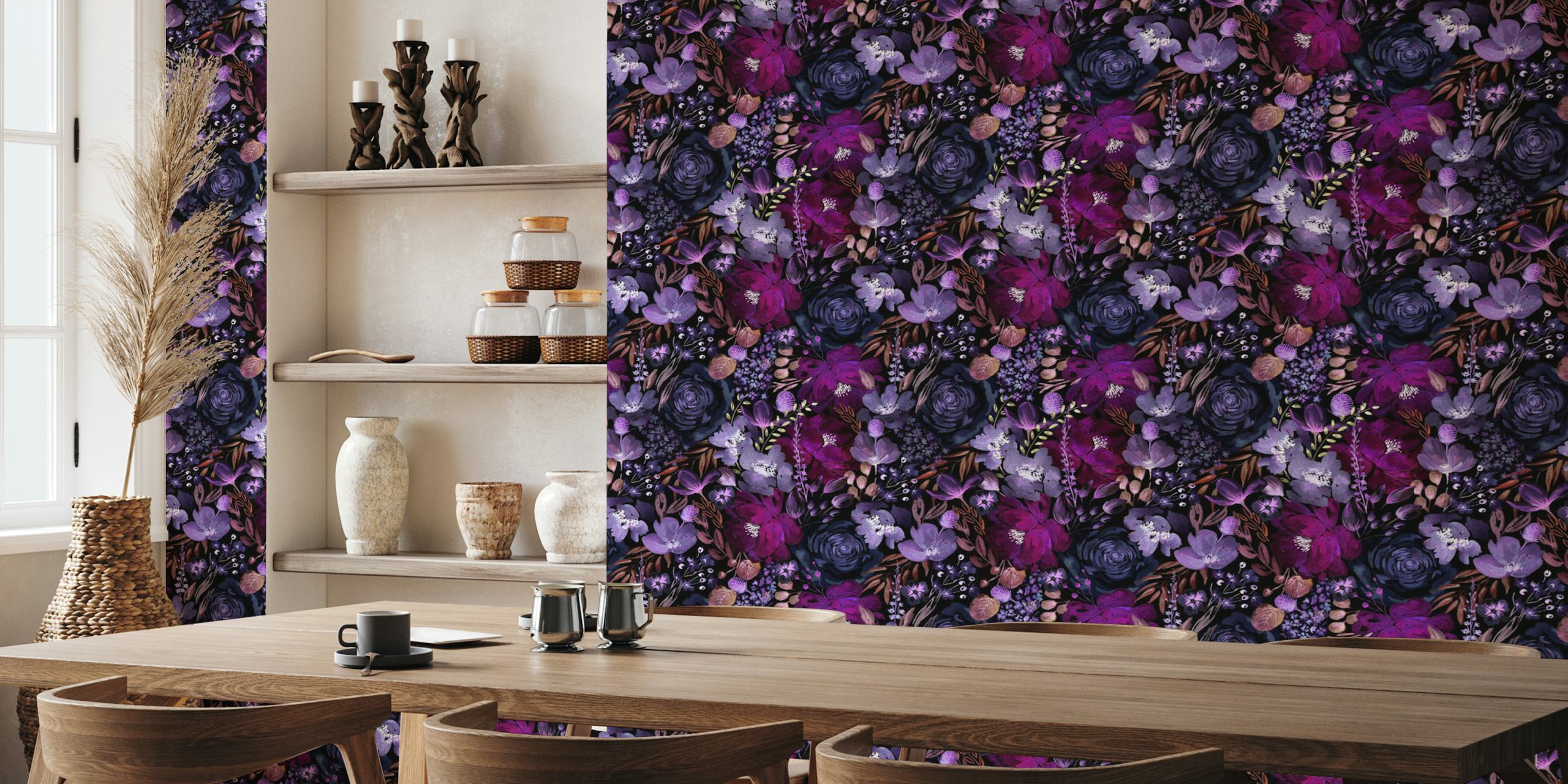 Dark Floral Chaos Purple wallpaper in a room