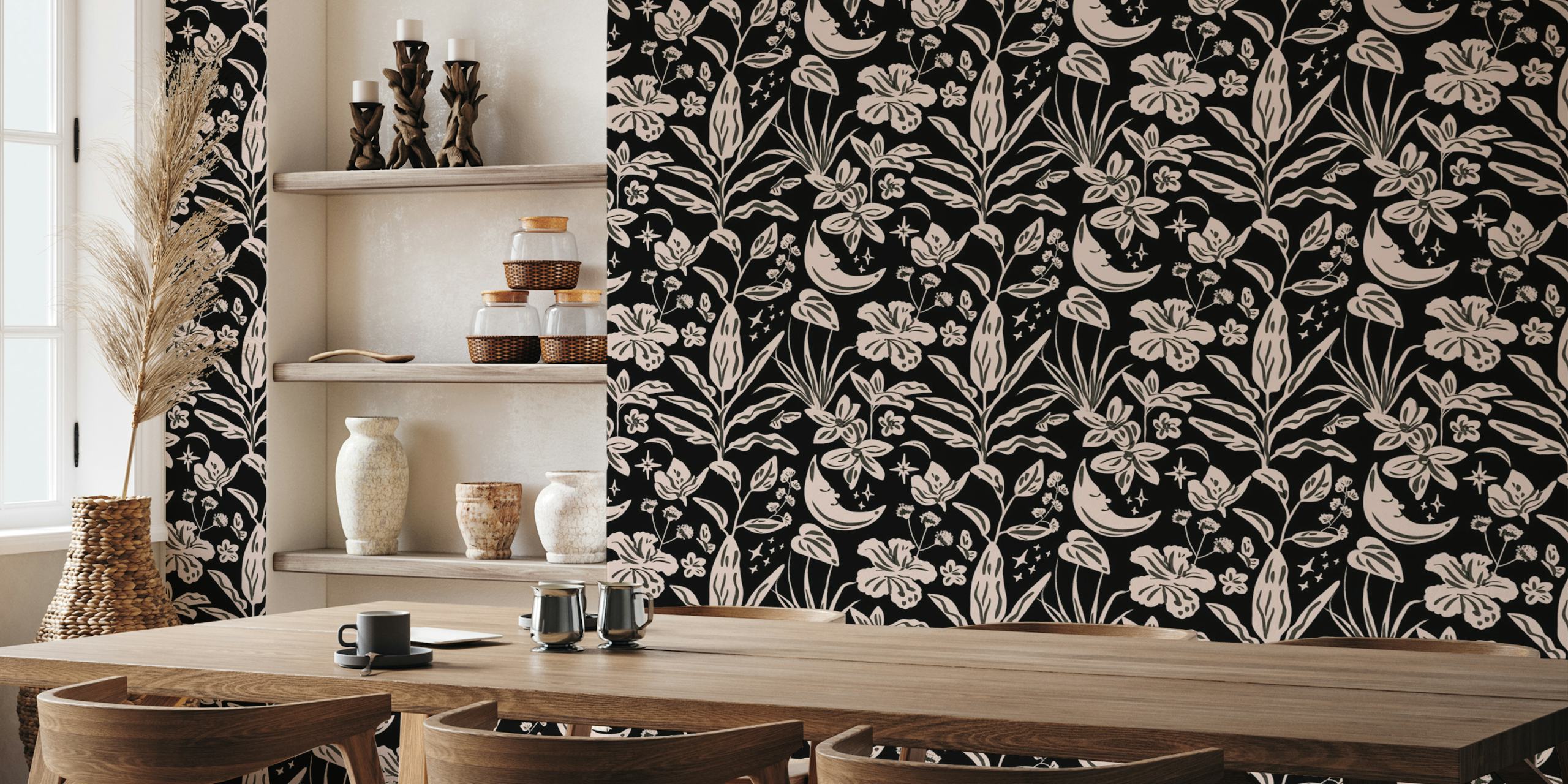 Dark tropical pattern wallpaper in a room