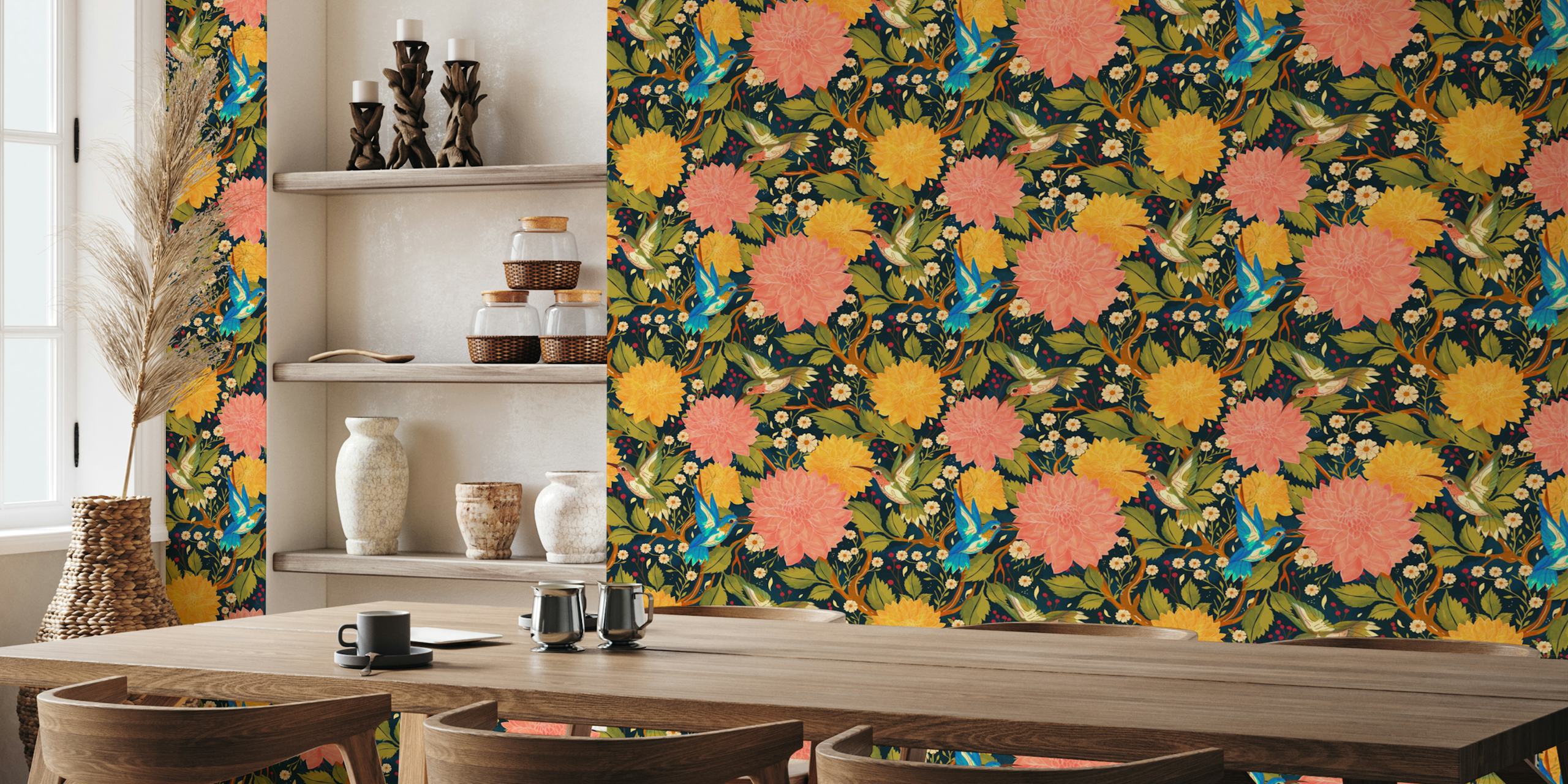 Hummingbirds and Dahlias tapeta u sobi