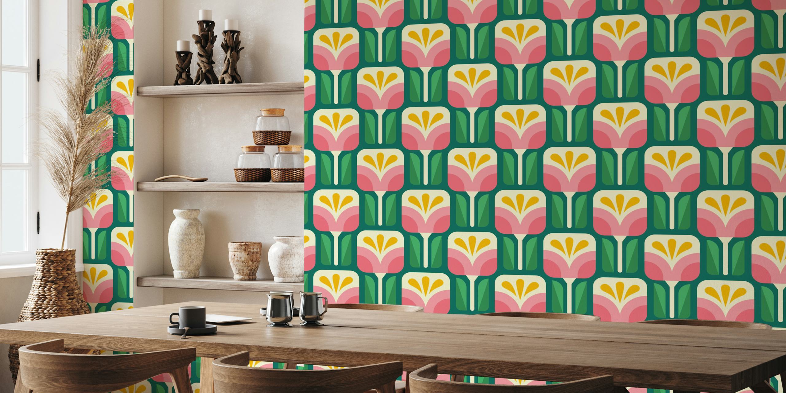 Pink and Green Bold Geometric Blooms tapet i et rum