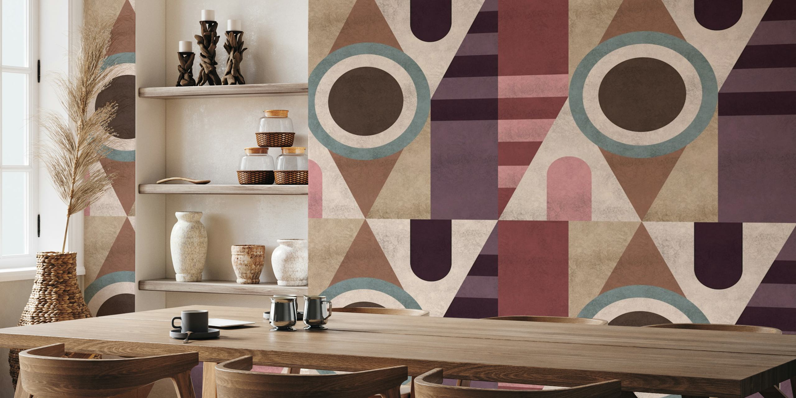 Geometric shapes in earthy tones of brown and blue wallpaper