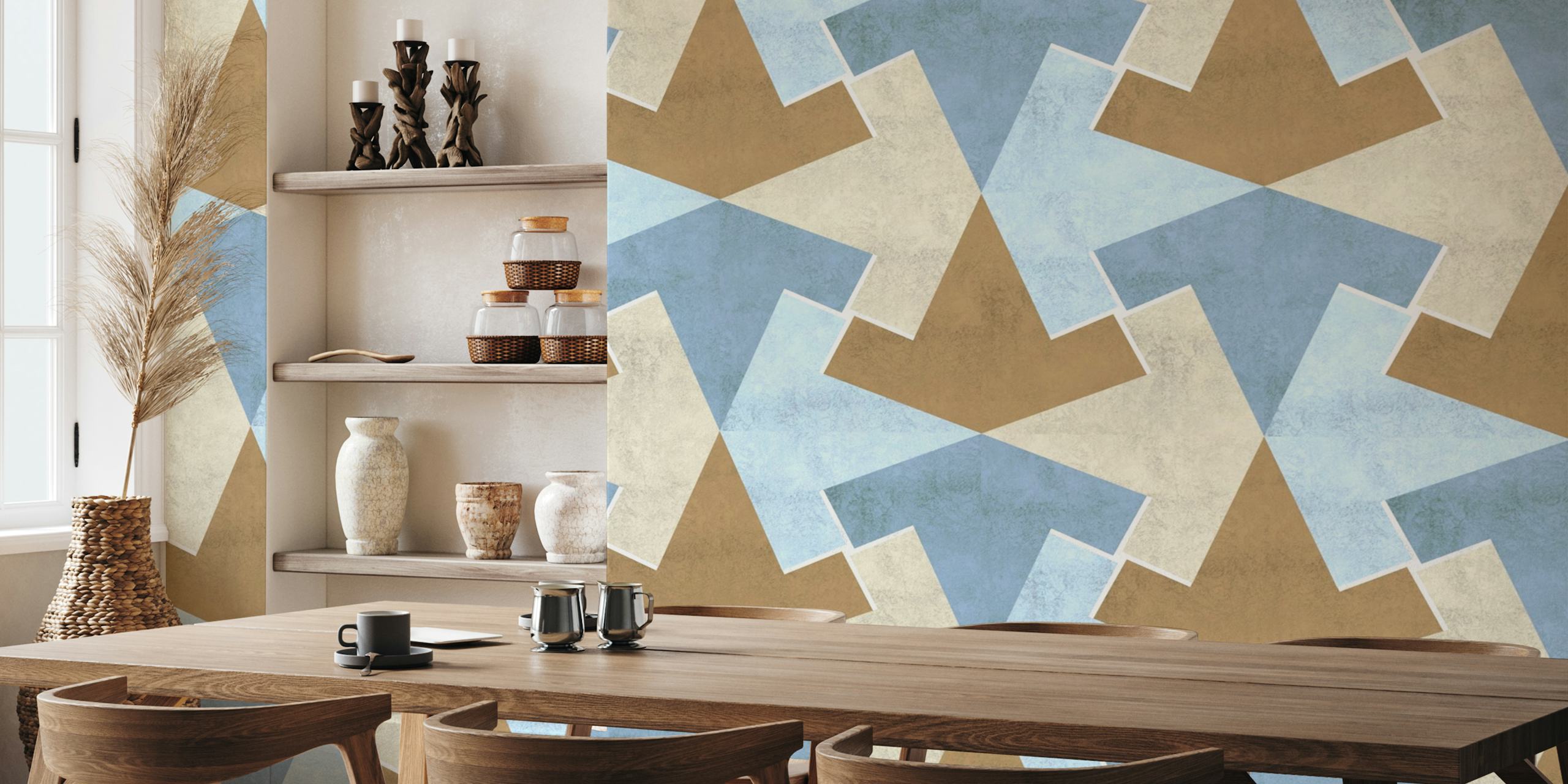Geometric triangles in earthy blue, beige, and brown wallpaper