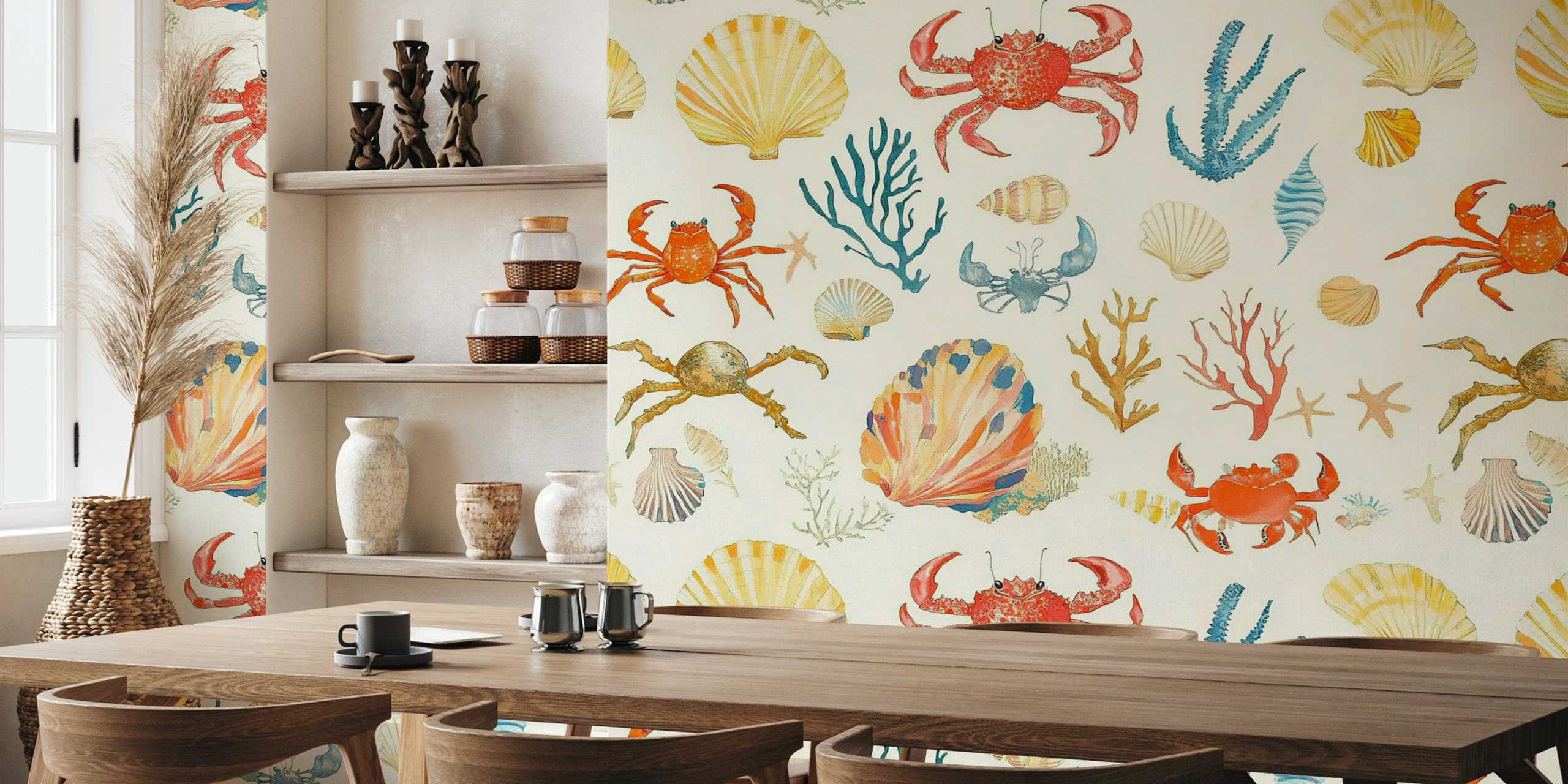 Colorful crabs, shells, and coral on beige wallpaper