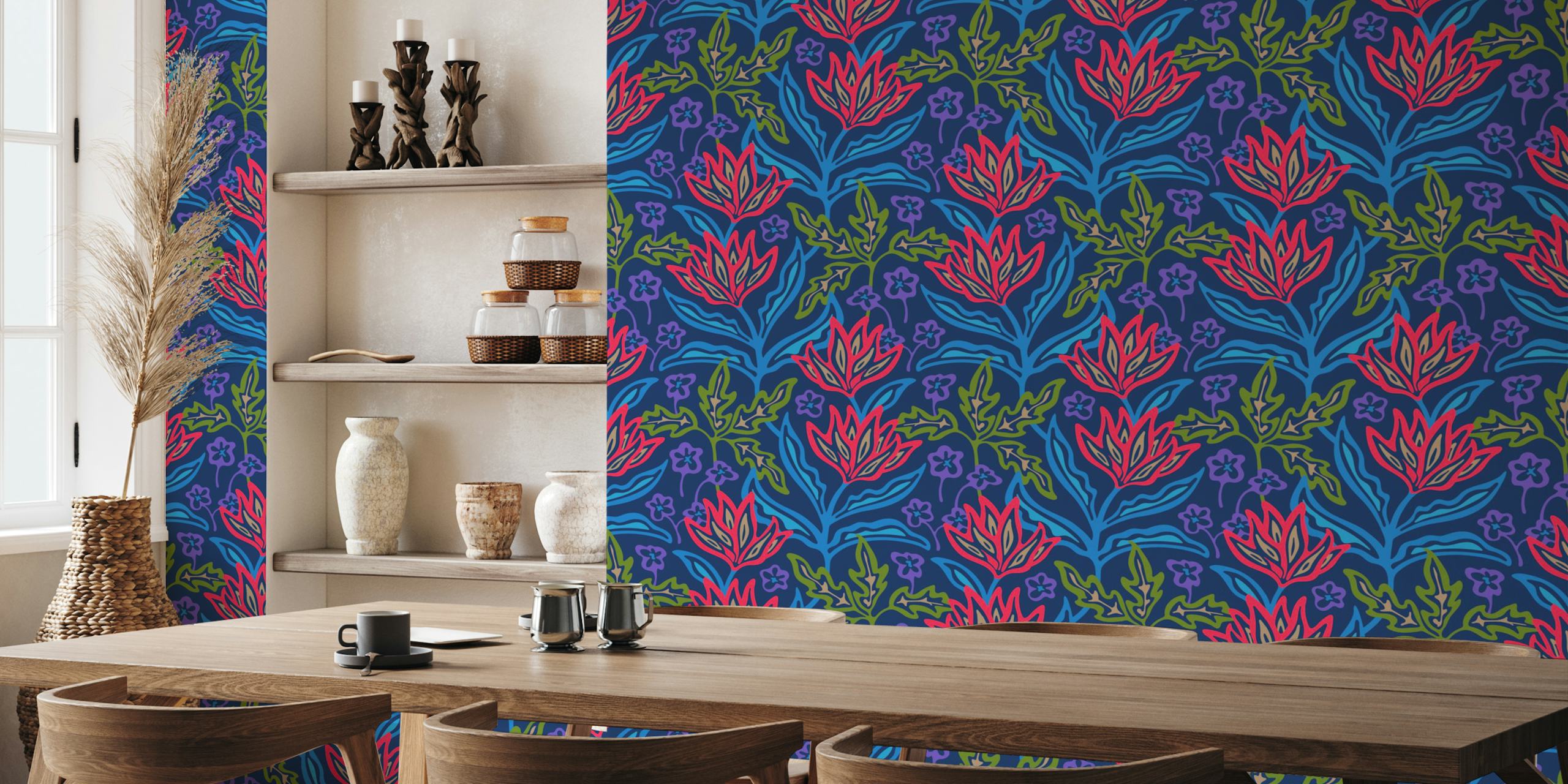 Colorful floral pattern with bold red and blue flowers wallpaper