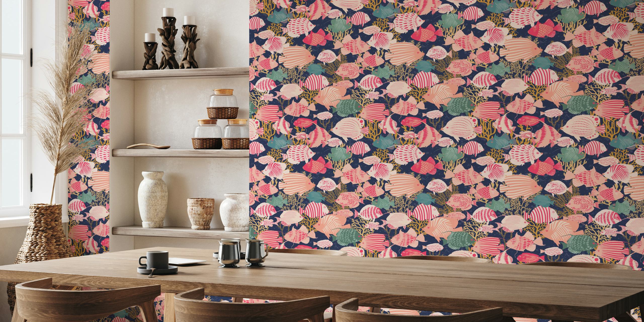 Colorful fish wallpaper in a room
