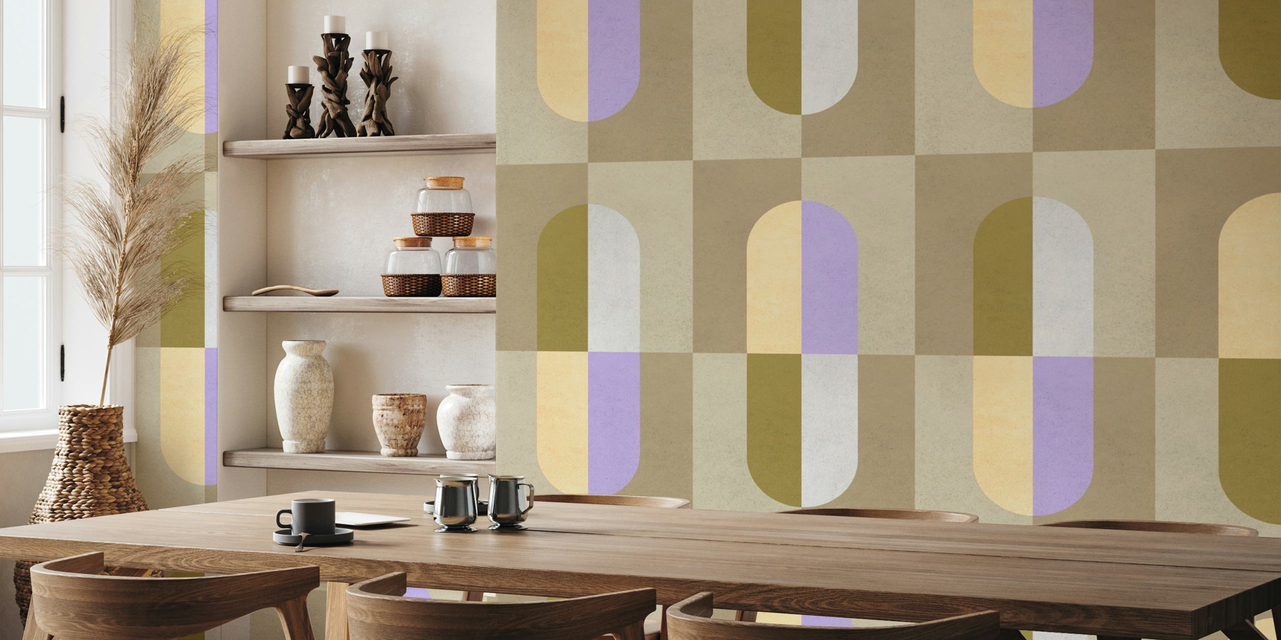 Geometric pastel wallpaper design in a room