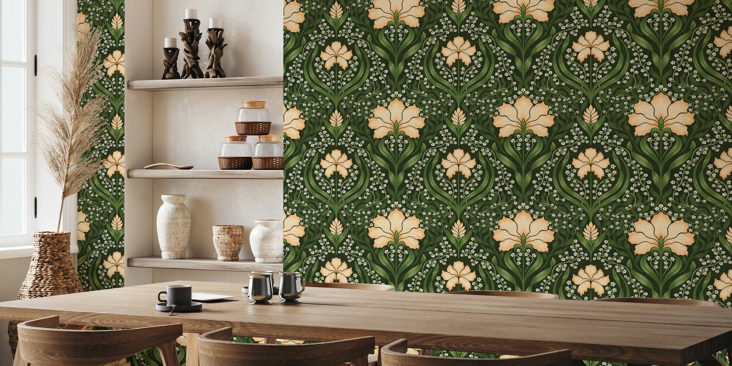 Intricate floral damask wallpaper na tonalidade damasco