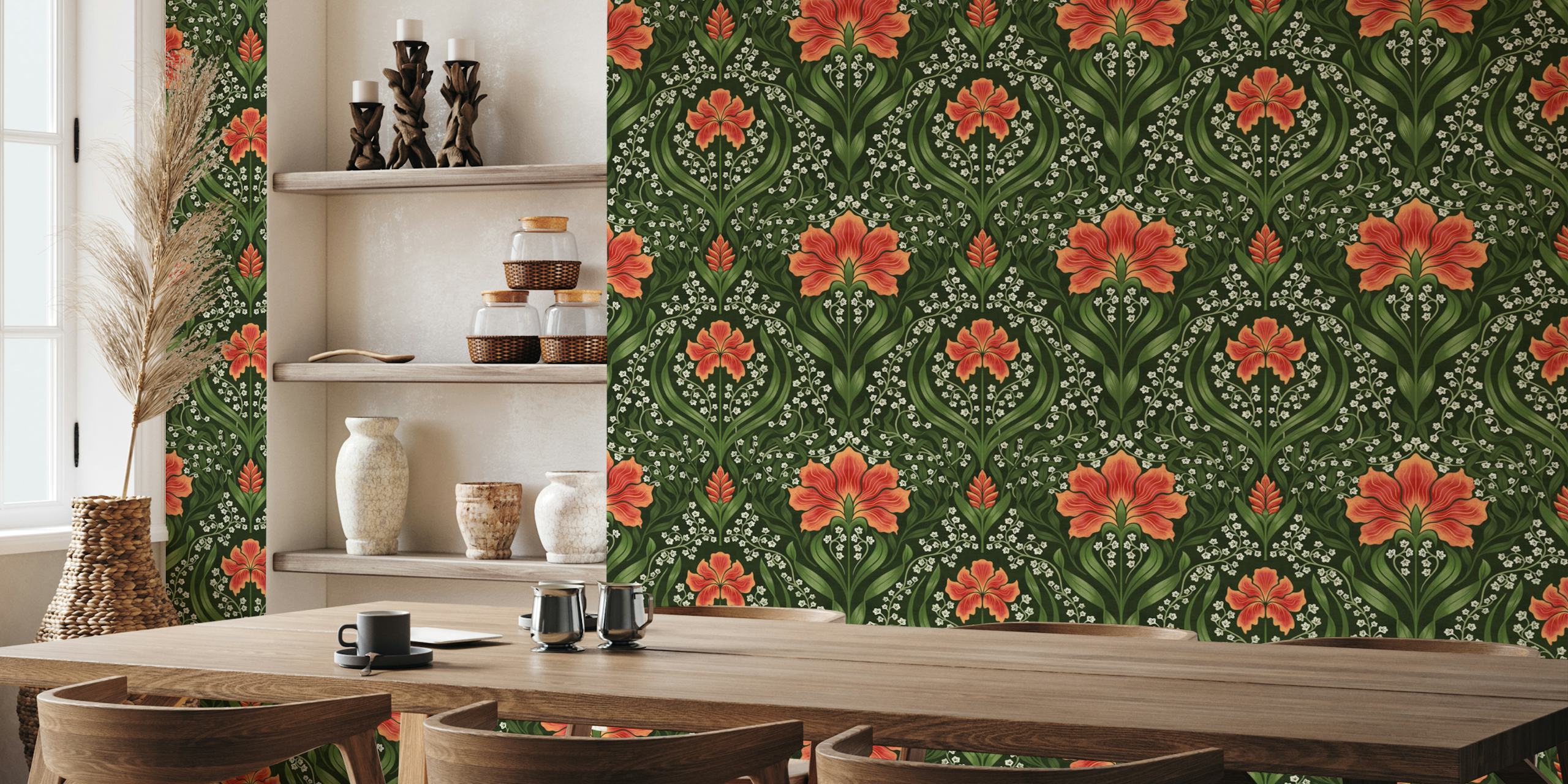 Intricate floral damask wallpaper in red