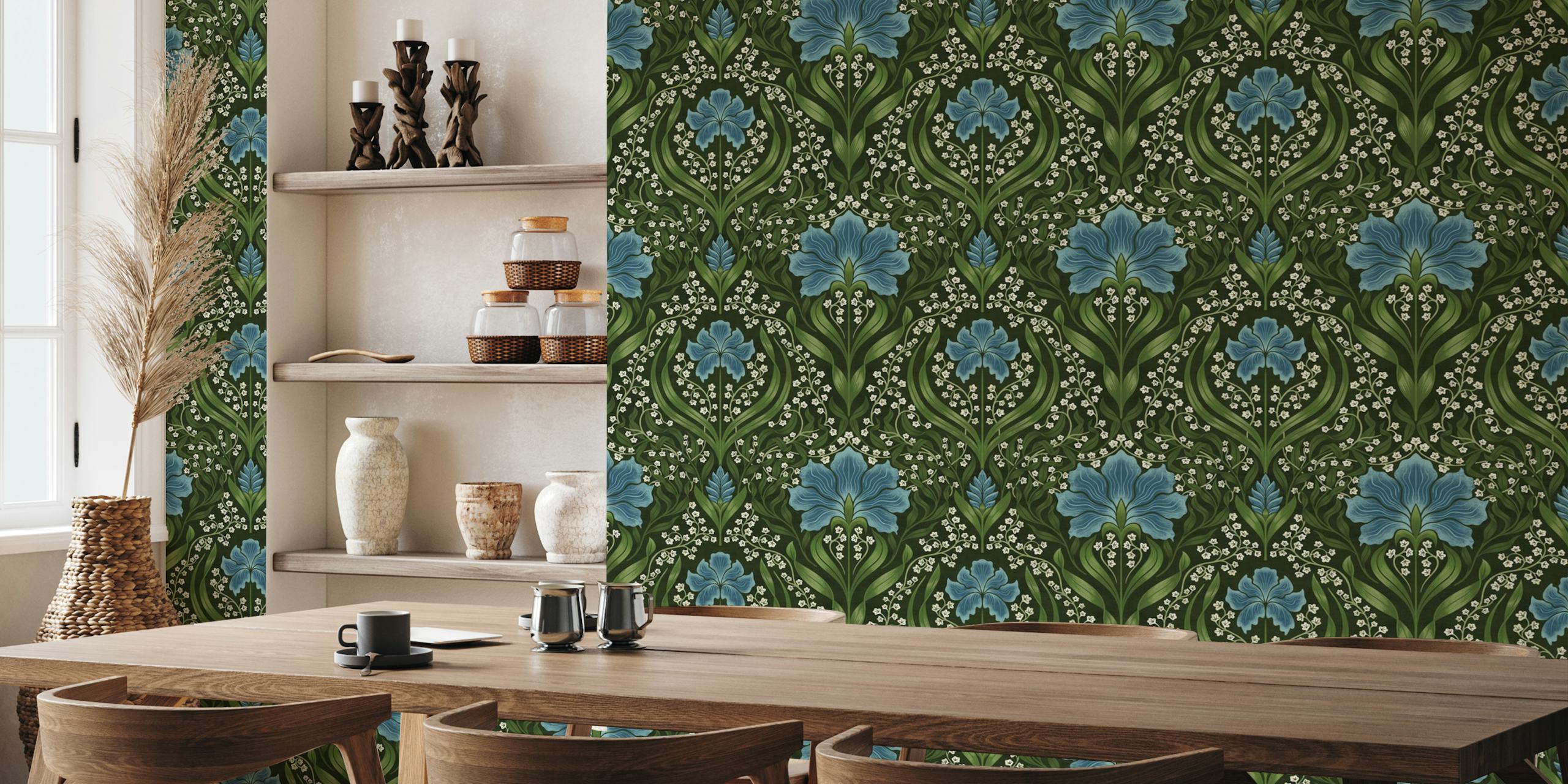 Intricate blue floral damask wallpaper with green foliage