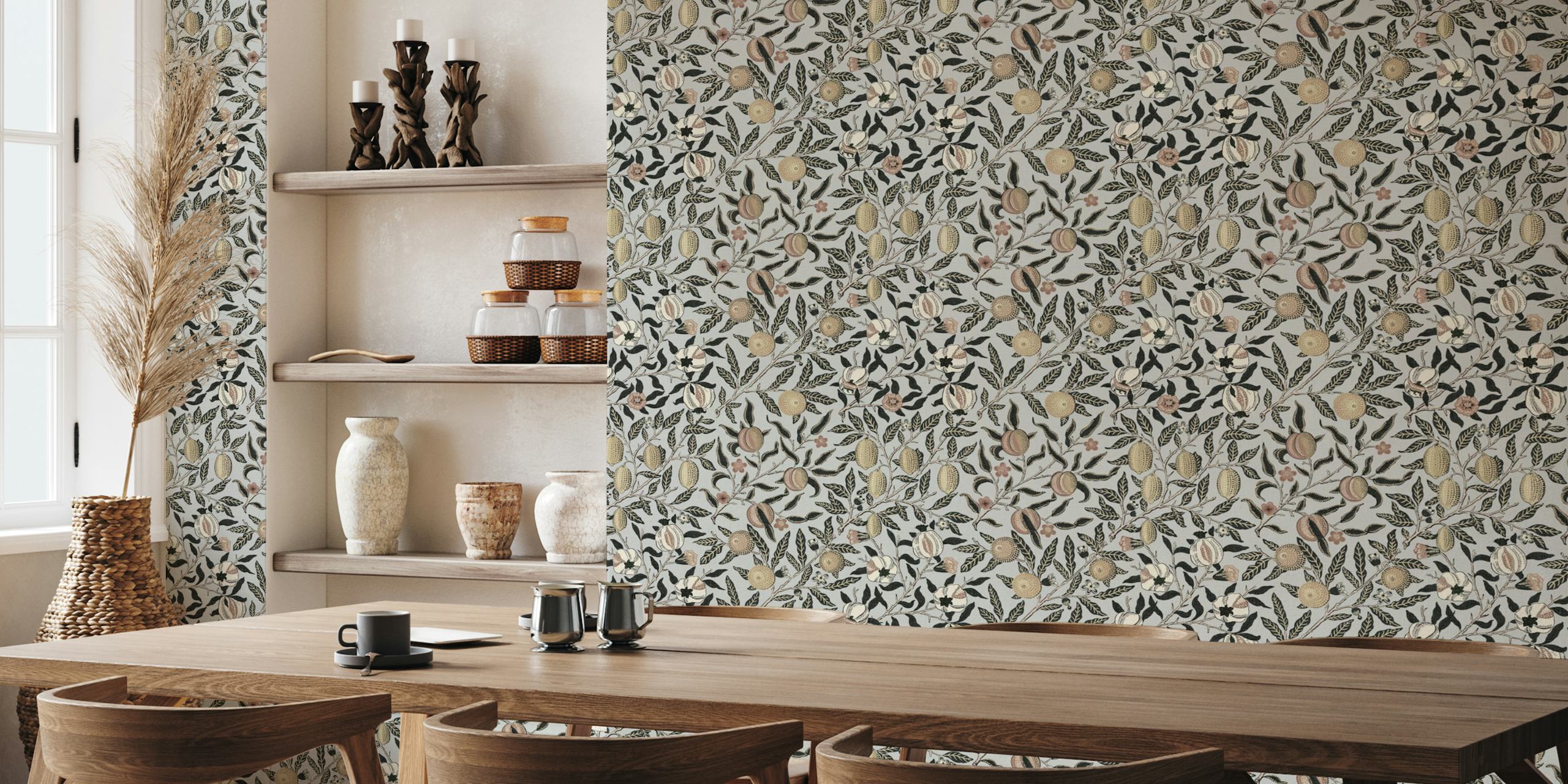 Pomegranate and floral design in soft colors on grey background wallpaper