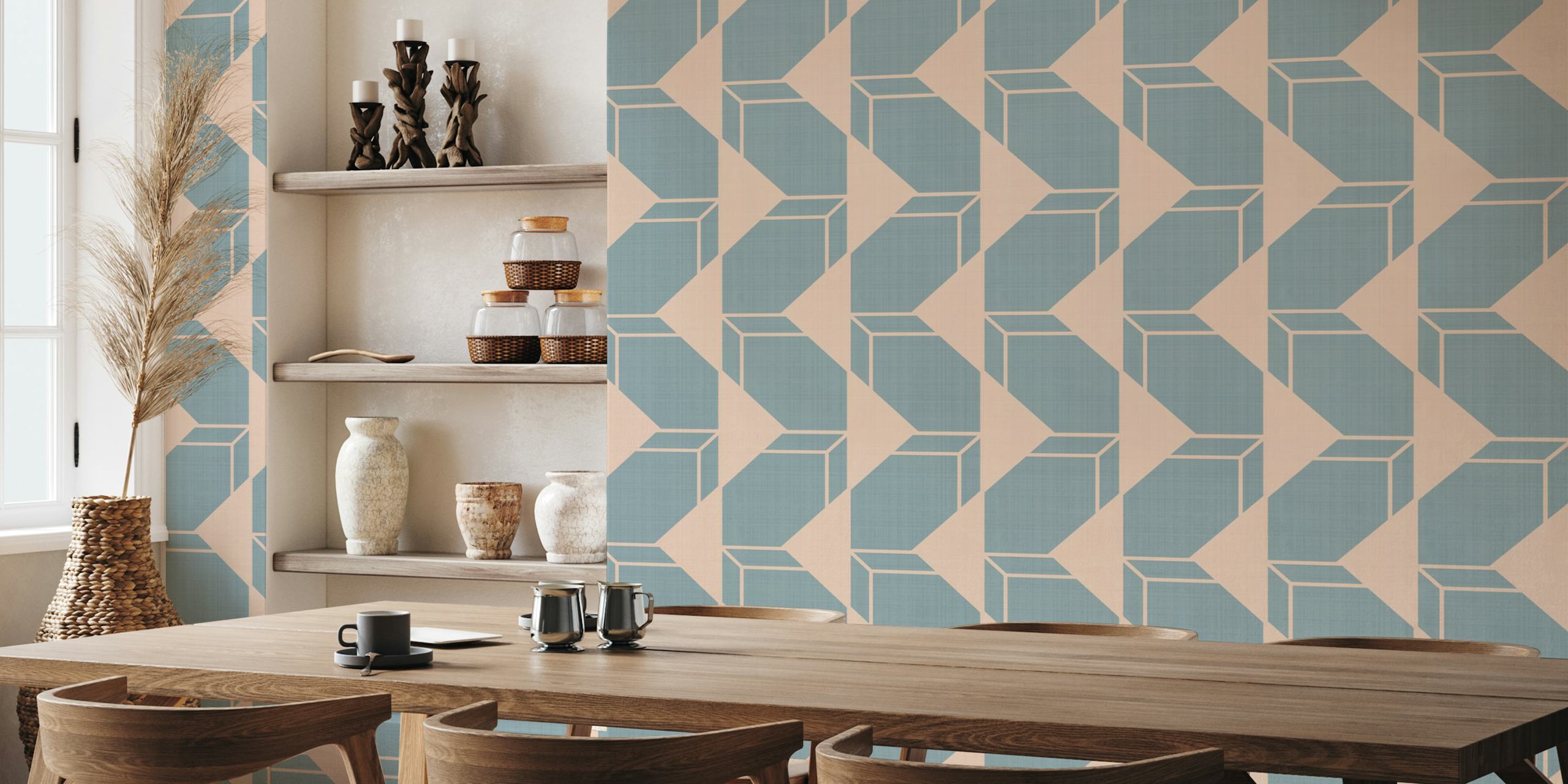 Geometric shapes in pastel blue on soft pink background wallpaper