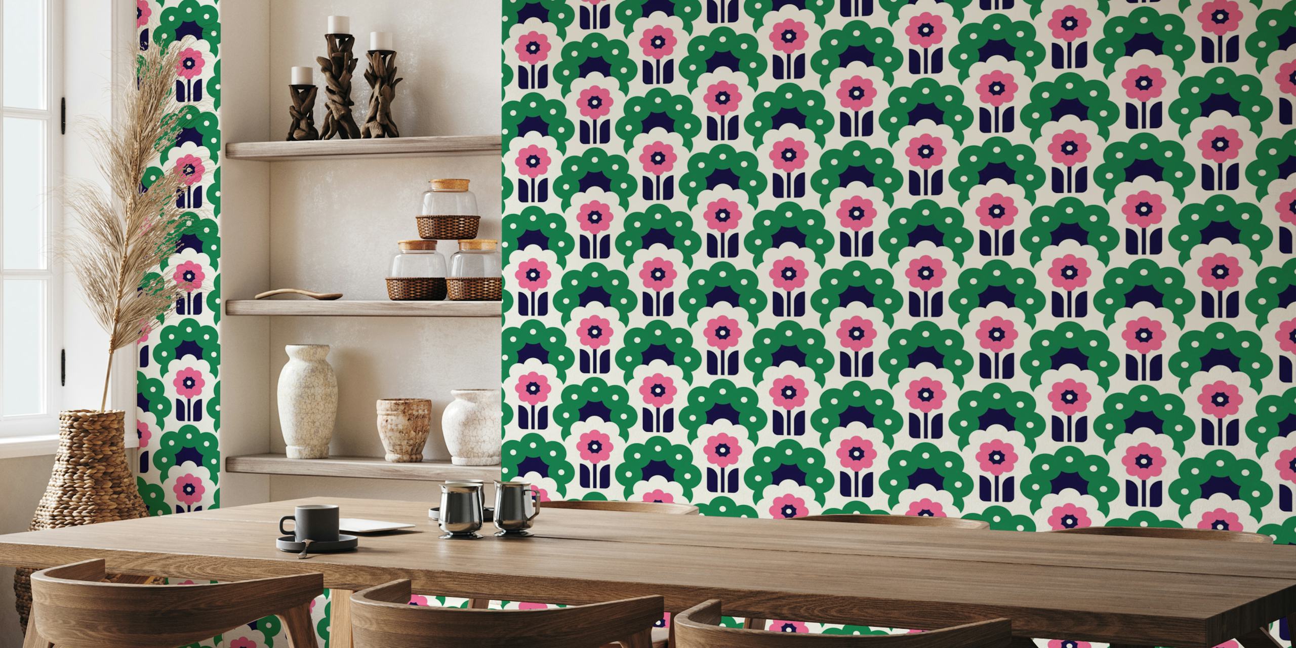 Colorful retro floral design in green and pink wallpaper