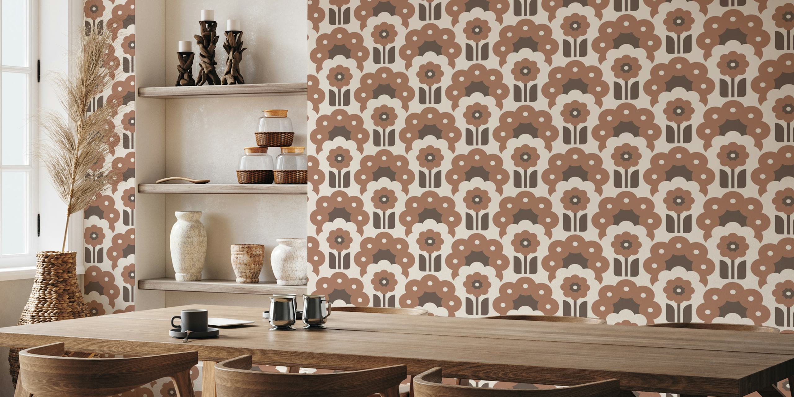 Retro floral daisy pattern in mocha and brown tones wallpaper