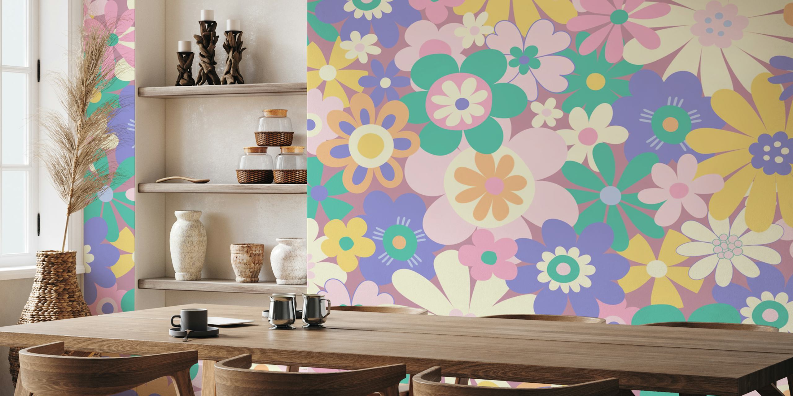 Colorful retro flowers in lilac, pink, and green patterns wallpaper