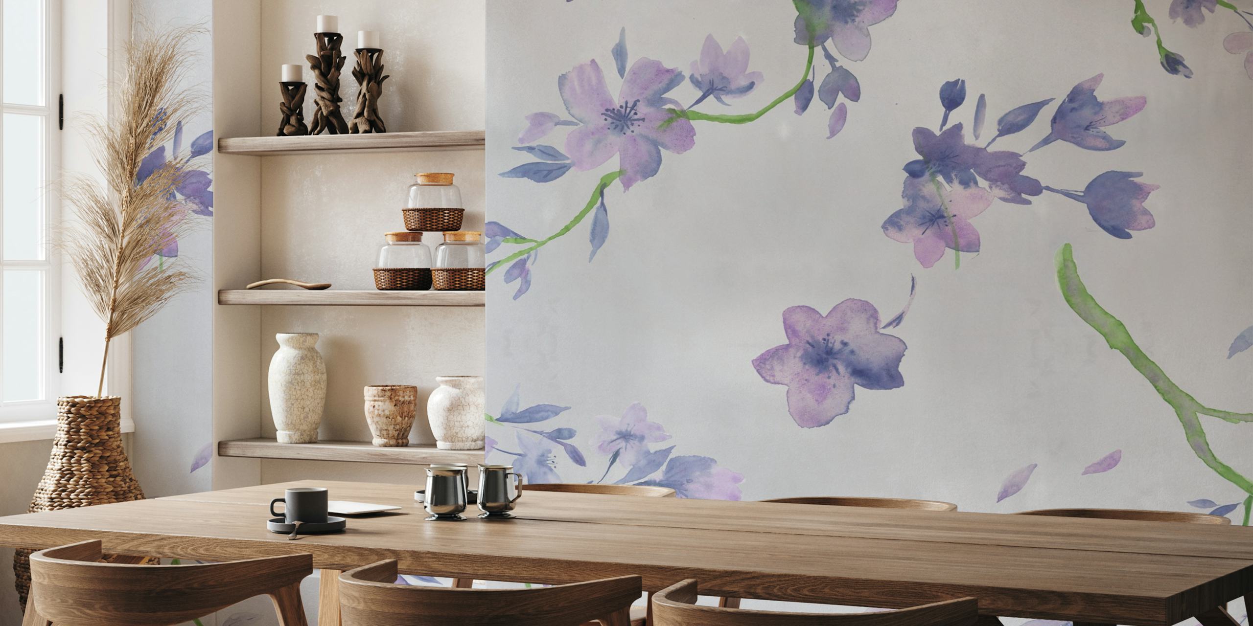Watercolour violet blossoms with green branches wallpaper
