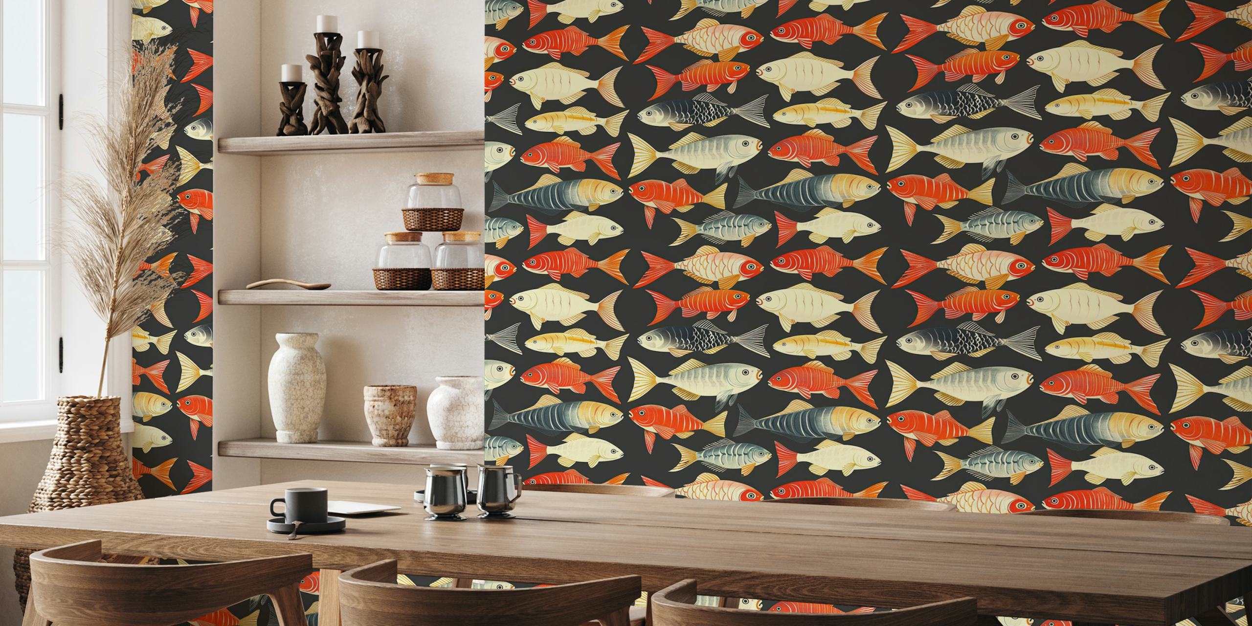 Minimalist fish wallpaper design on a dark background