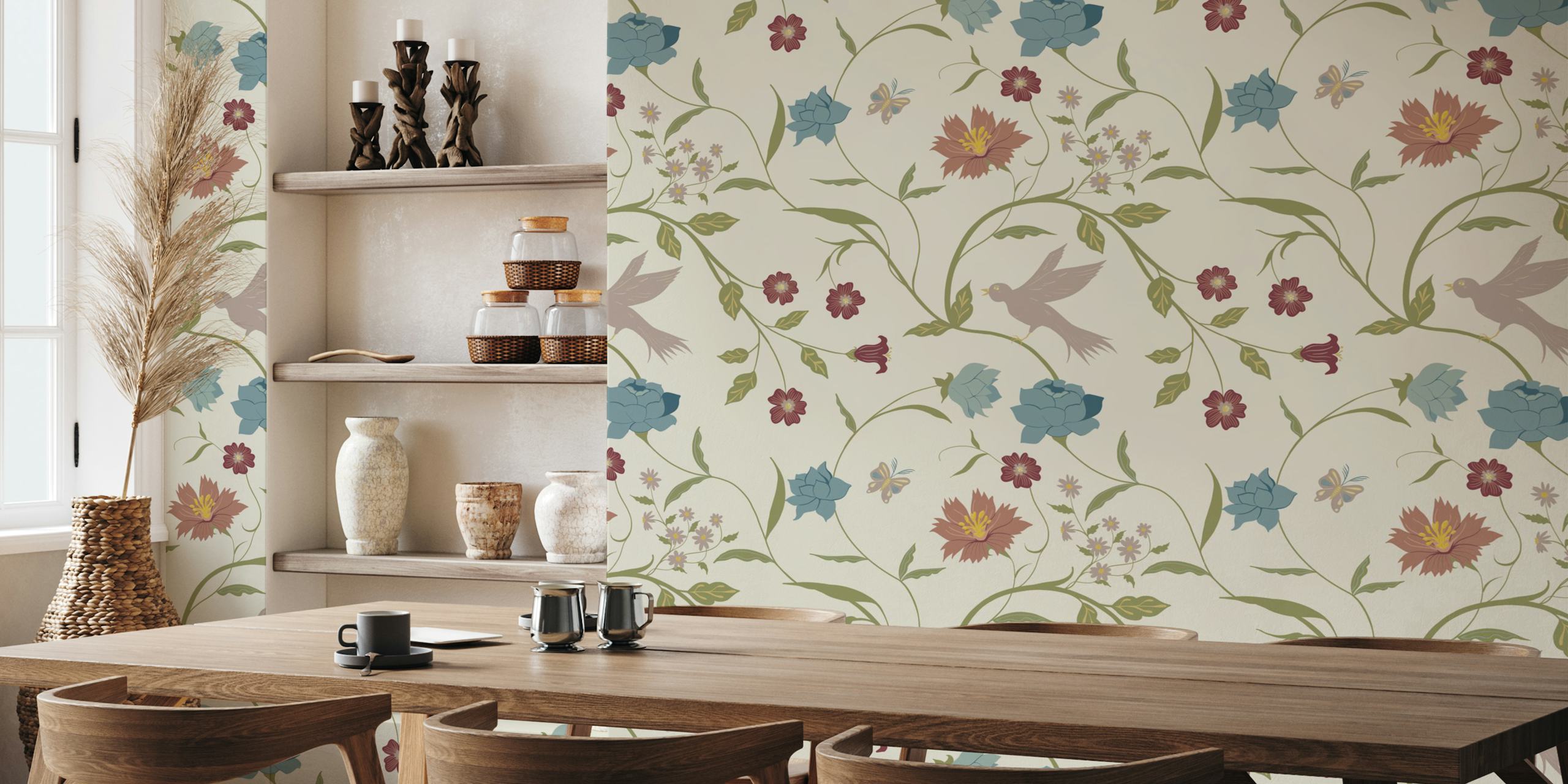 Vintage floral wallpaper with birds, blue and pink flowers, cream background