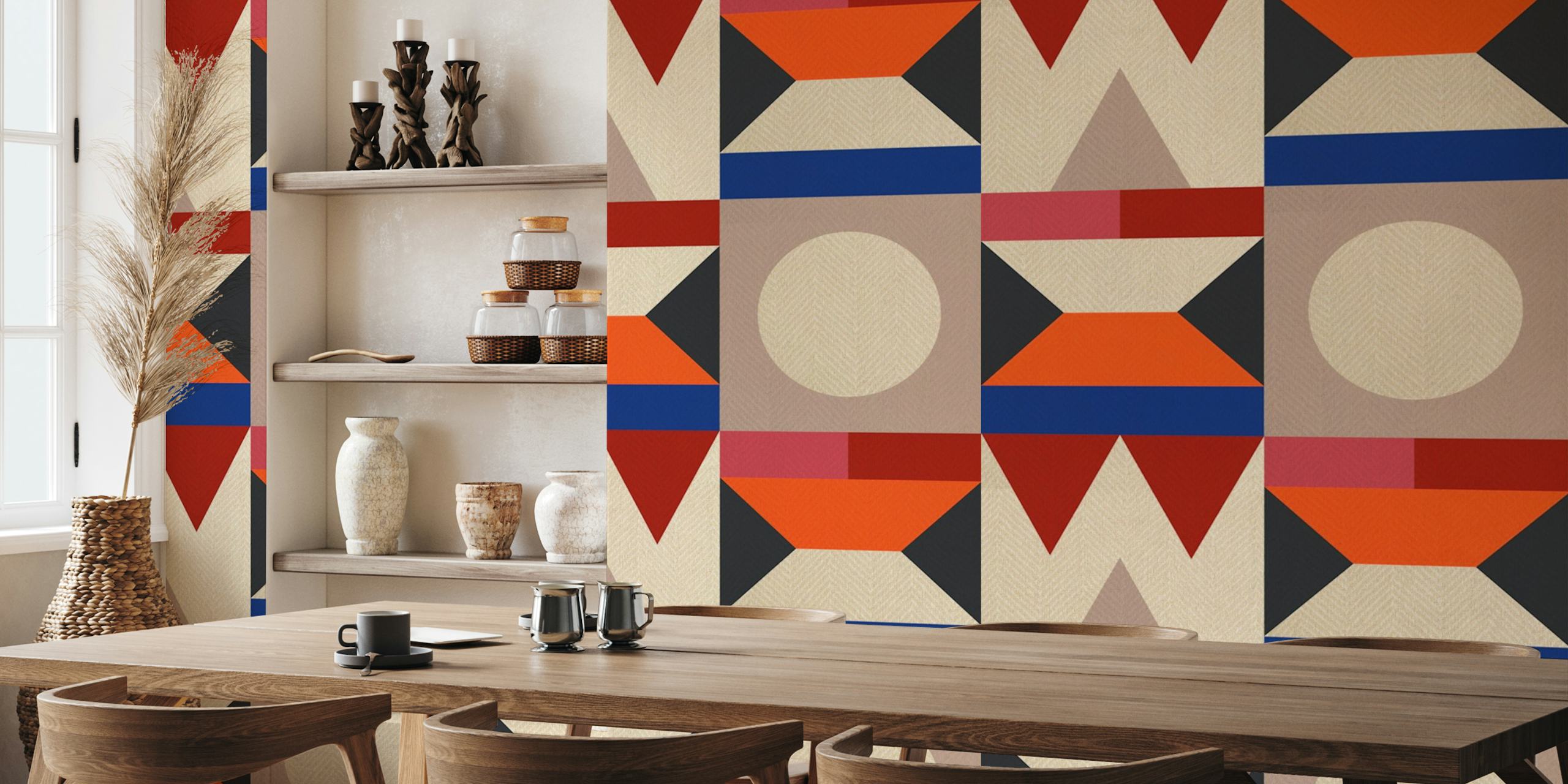 Geometric pattern with red, blue, and beige shapes wallpaper