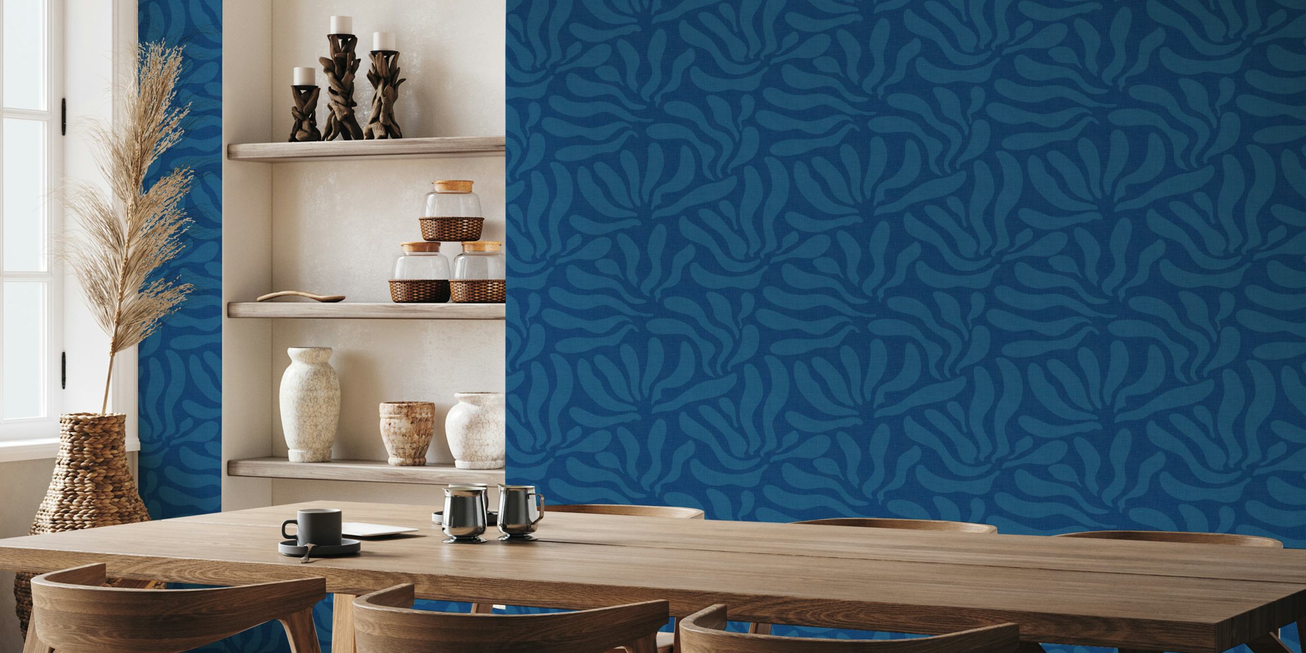 Ocean blue flowing leaves wallpaper in a room
