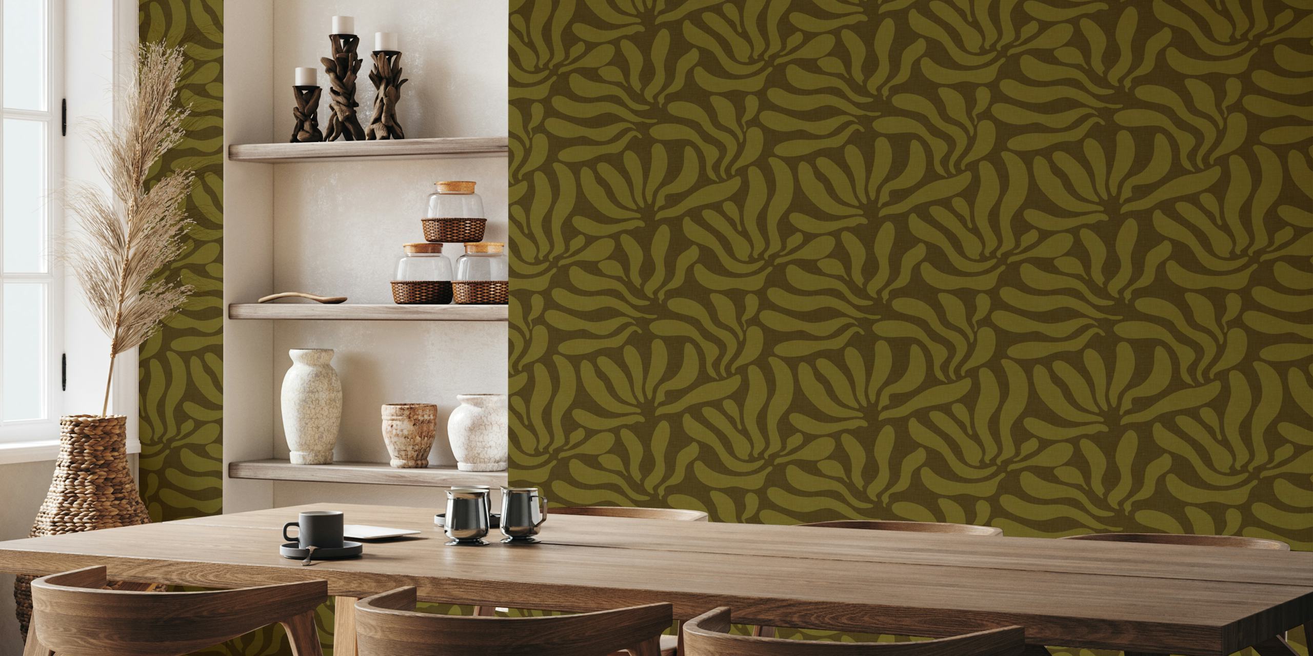 Flowing Modern Leaves Khaki wallpaper in room