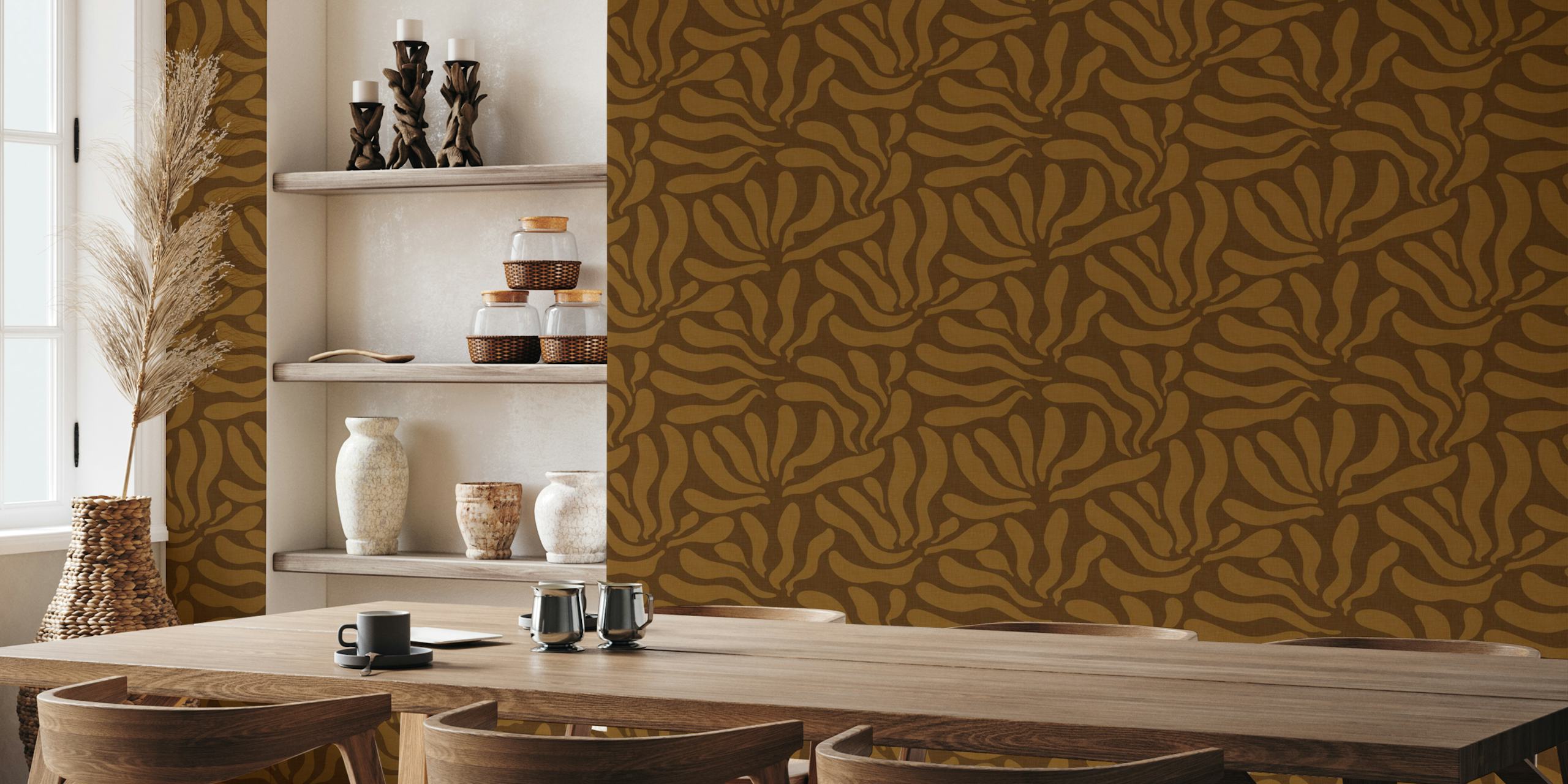 Flowing Modern Leaves Tapetdesign in einem Raum