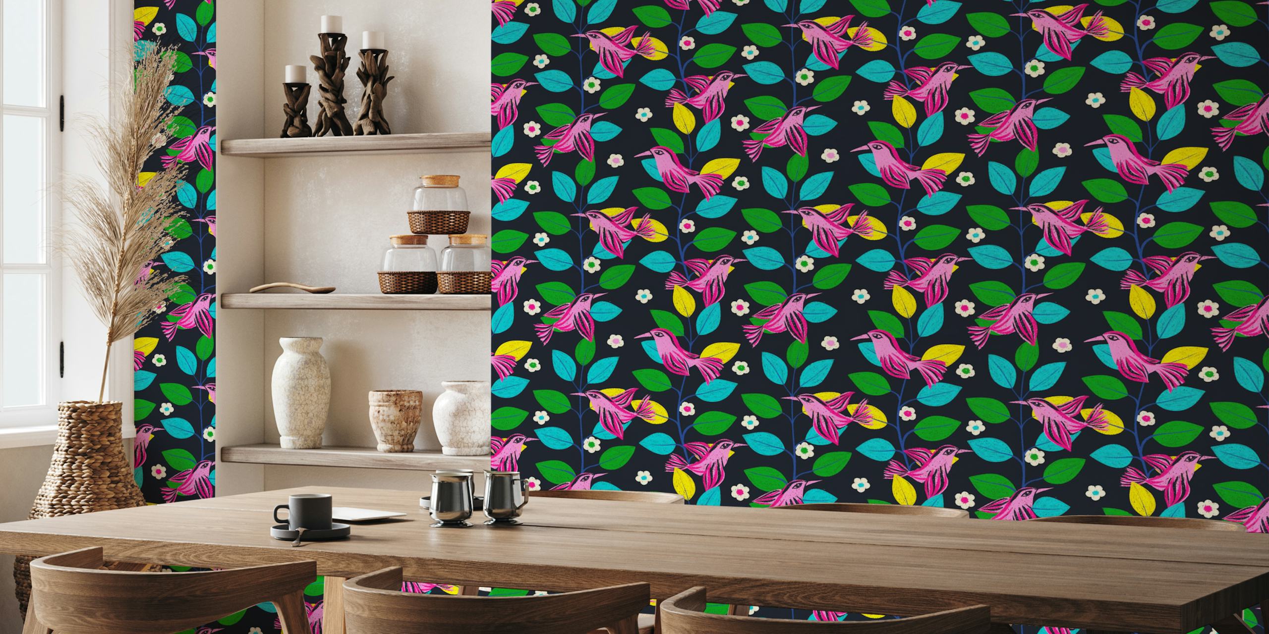 Colorful birds among bright green and yellow leaves with white flowers wallpaper