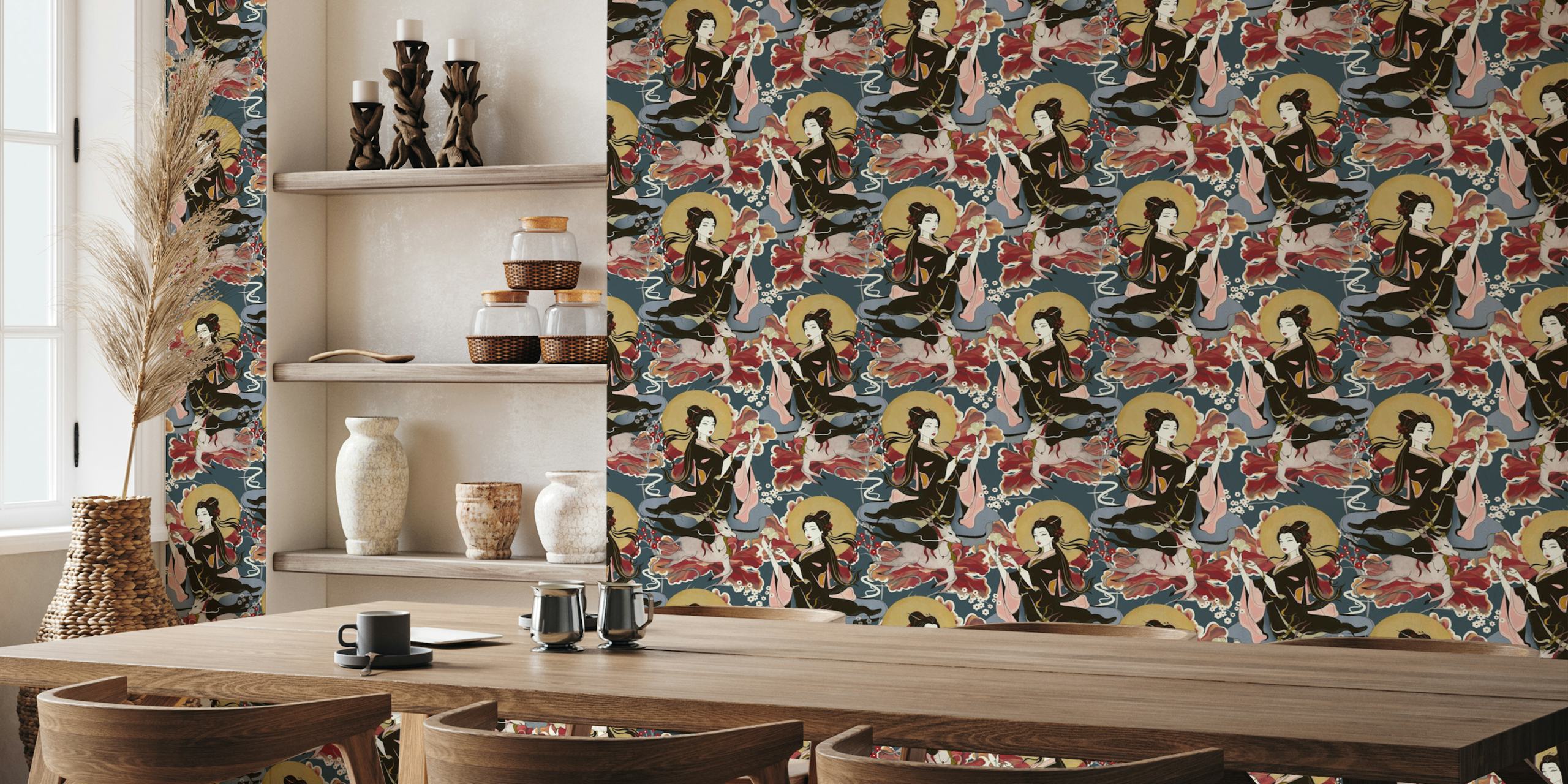 Oriental floral wallpaper with geishas, red and navy designs