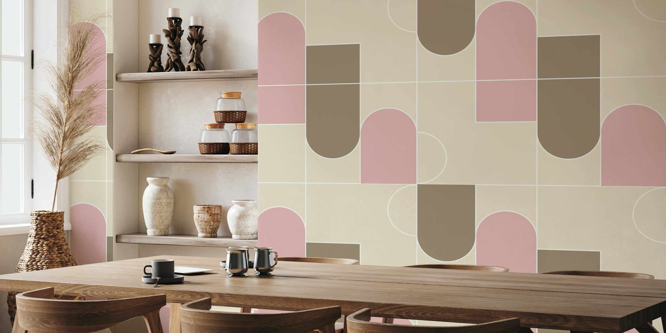 Geometric patterns in soft pink and beige tones wallpaper