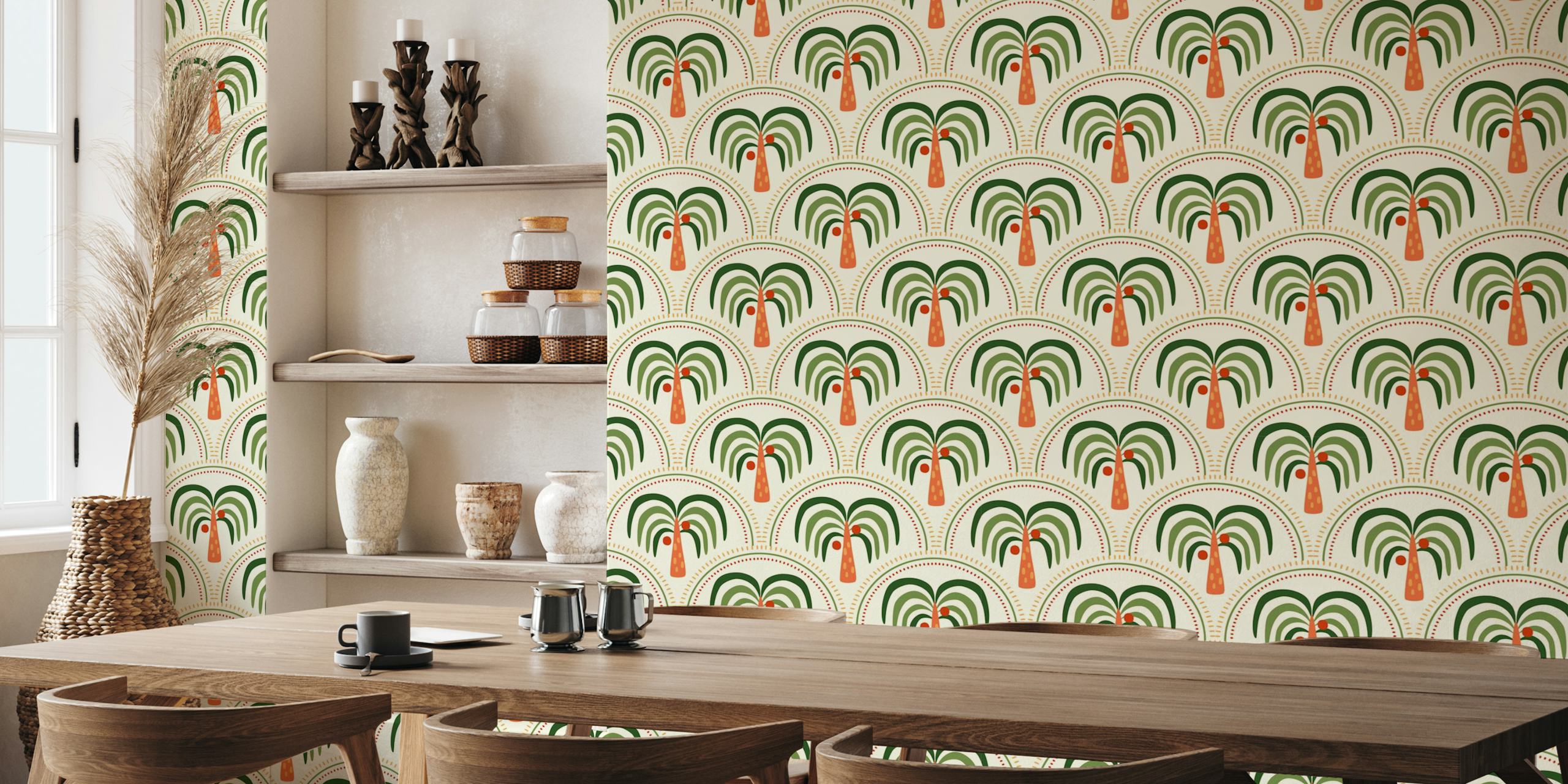 Tropical palm trees with green fronds and orange trunks wallpaper