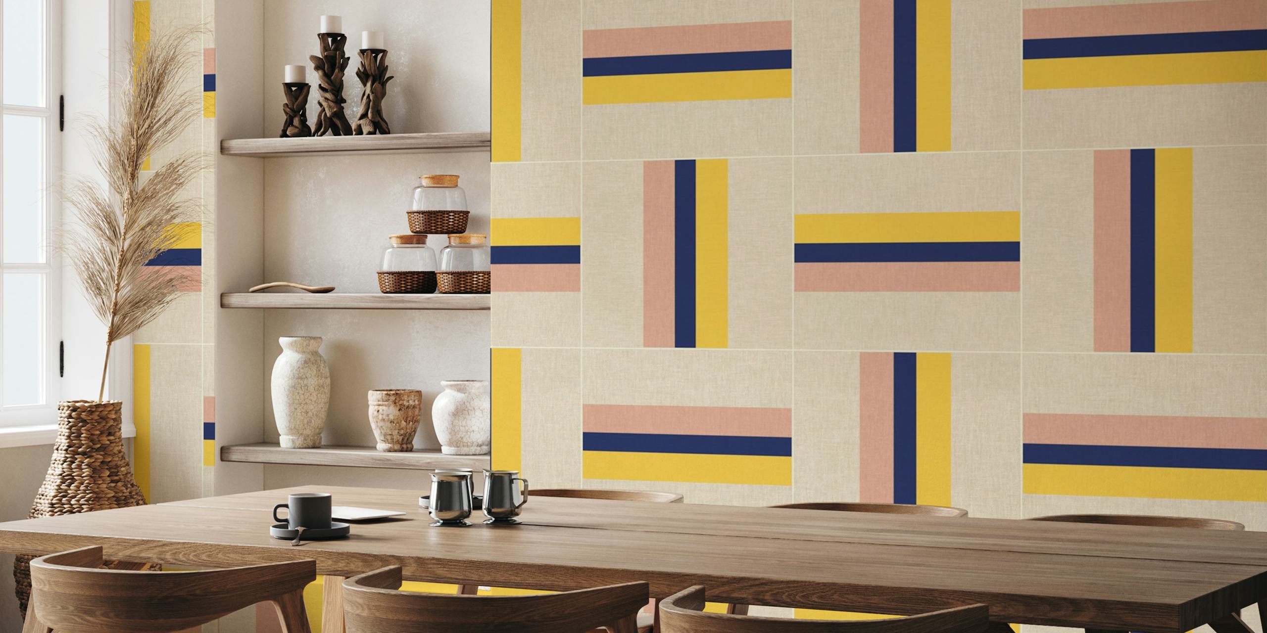 Geometric pattern with yellow, blue, and pink stripes wallpaper