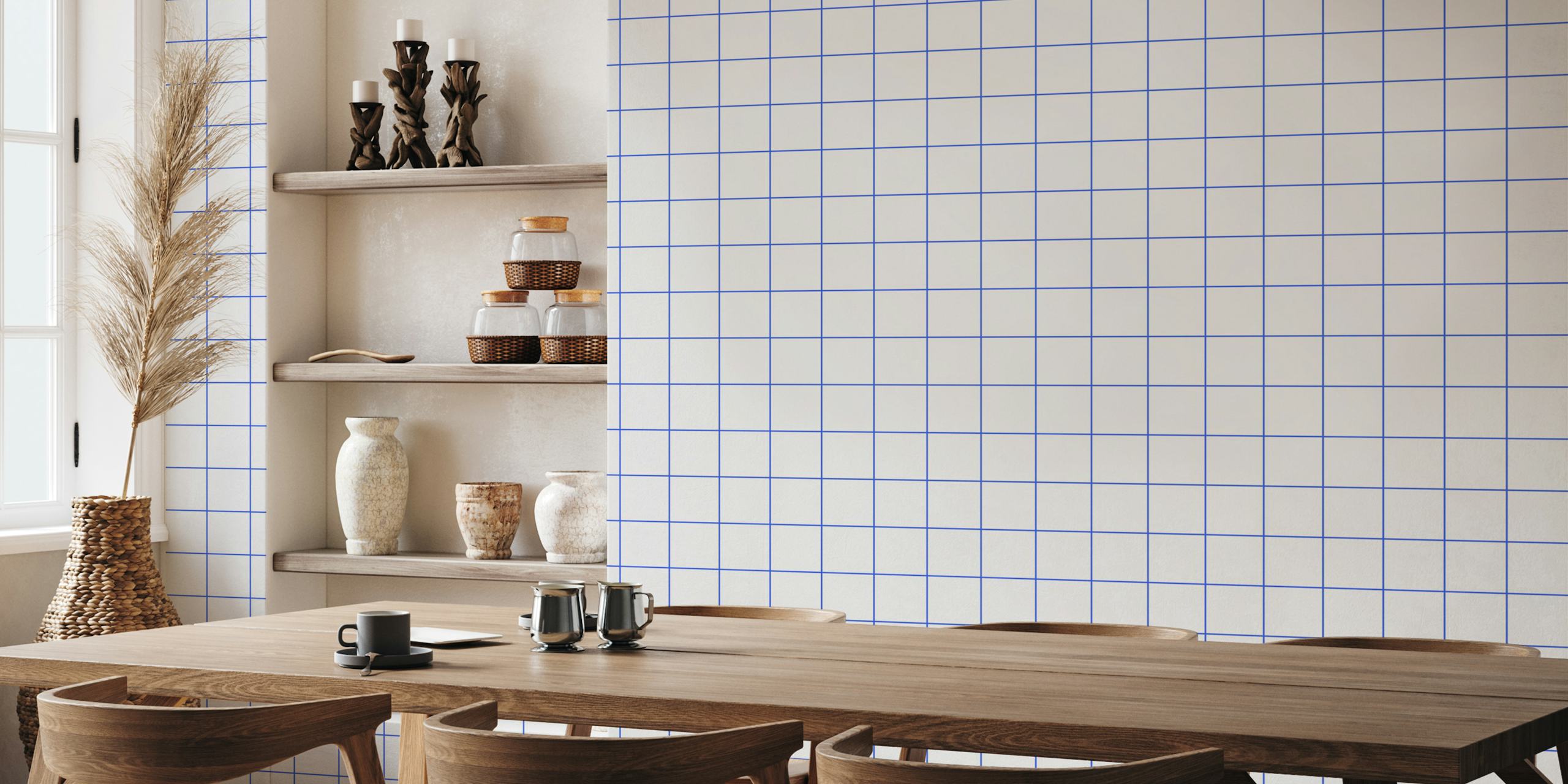 Geometric grid pattern in white and cobalt blue wallpaper
