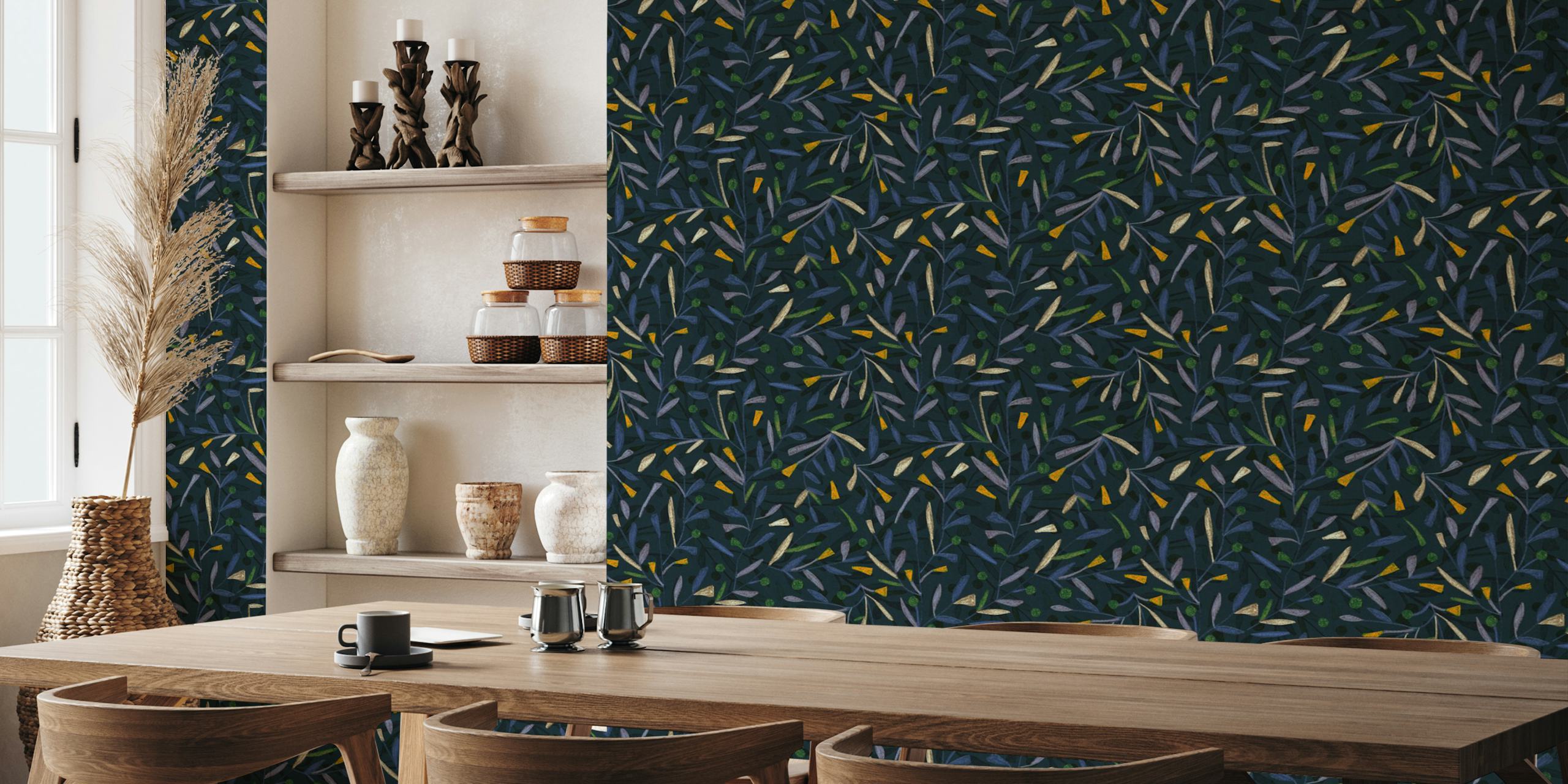 Midnight floral pattern with blue and yellow flowers and leaves wallpaper