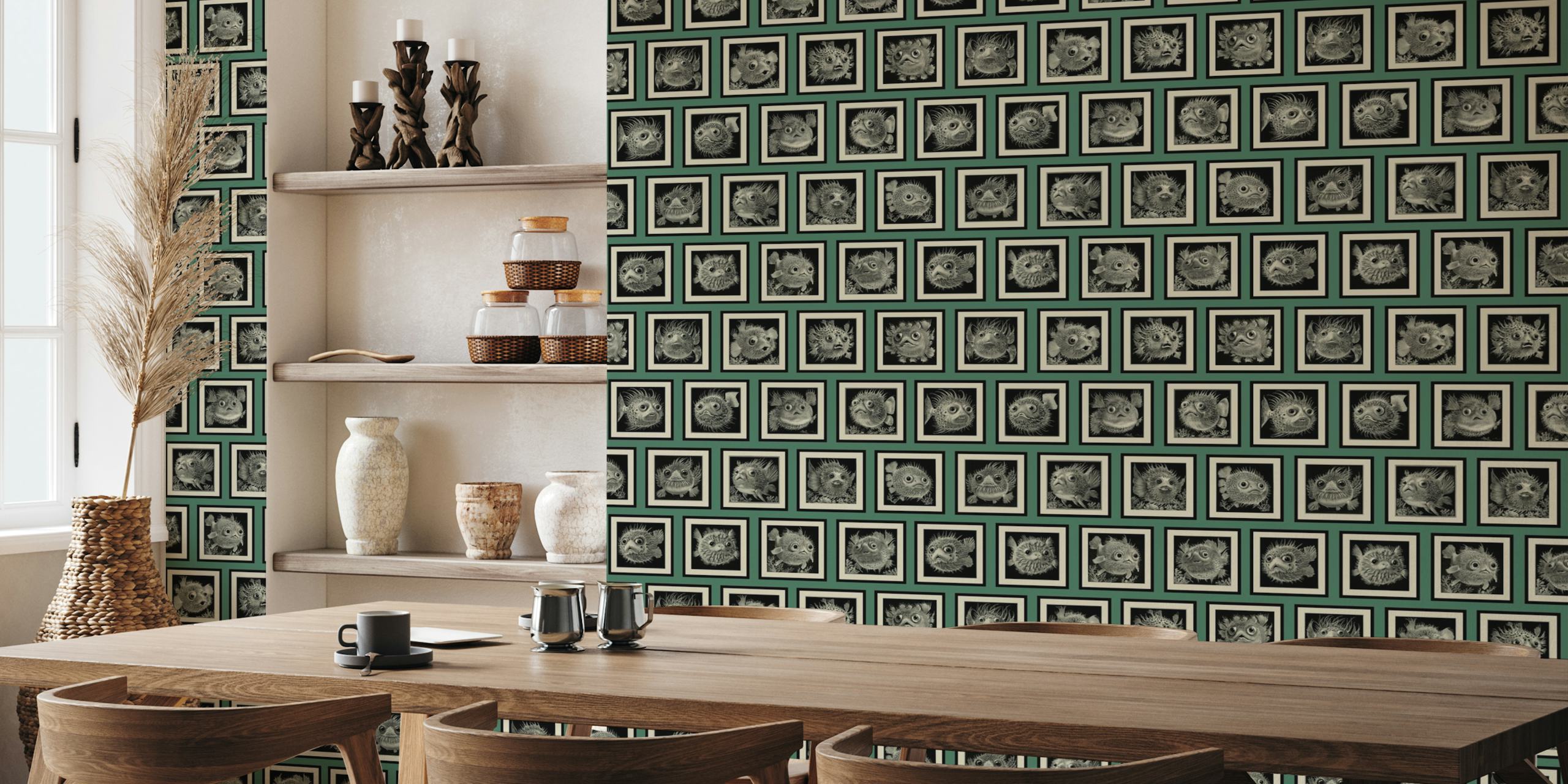 Pufferfish illustrations in frames on green background wallpaper