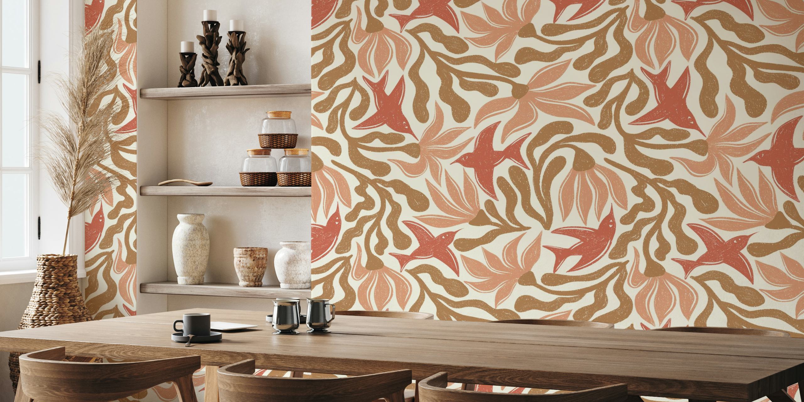Abstract floral wallpaper lintujen kanssa earthy tones