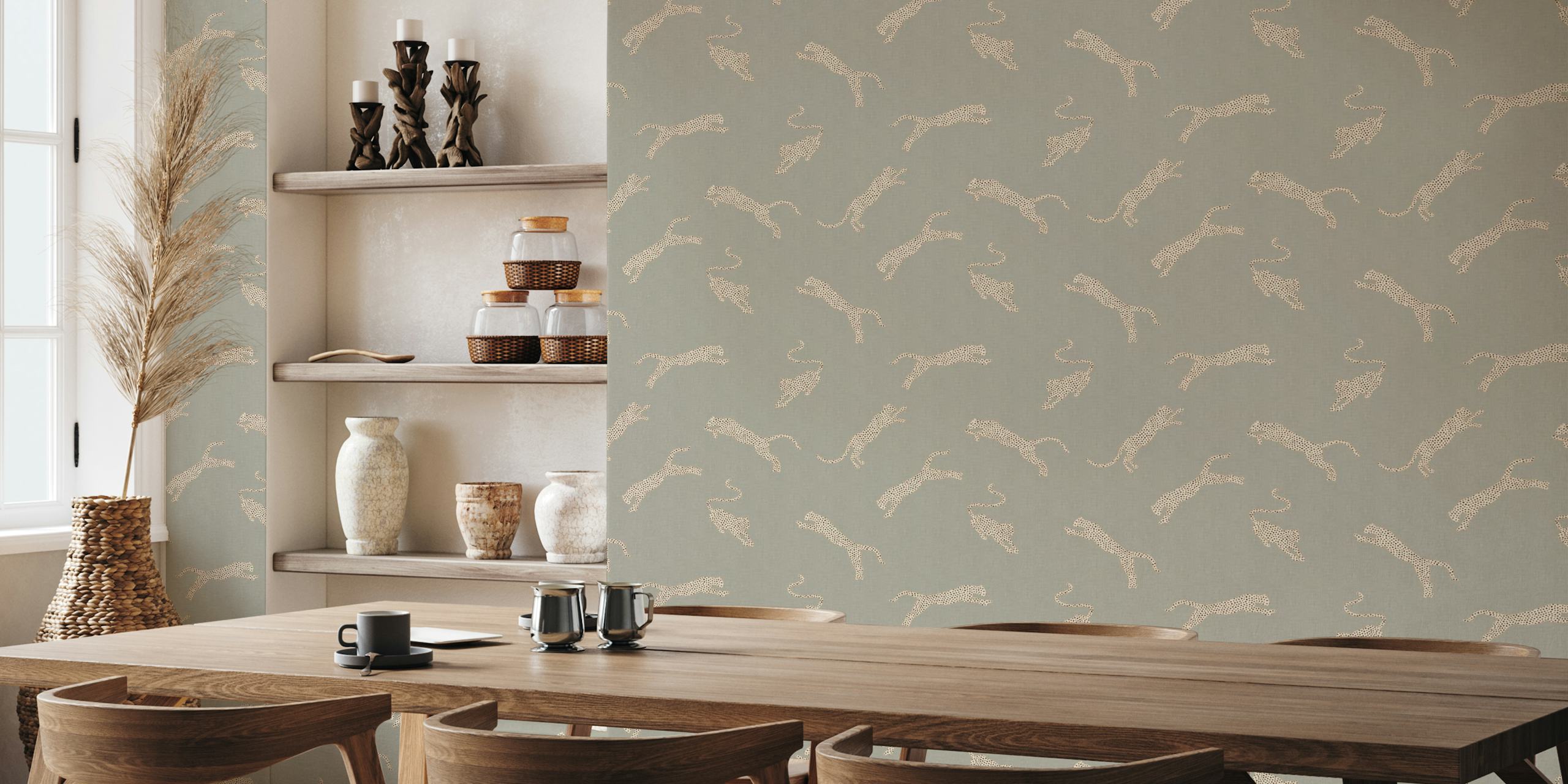 Leaping leopards in beige on vintage taupe textured wallpaper