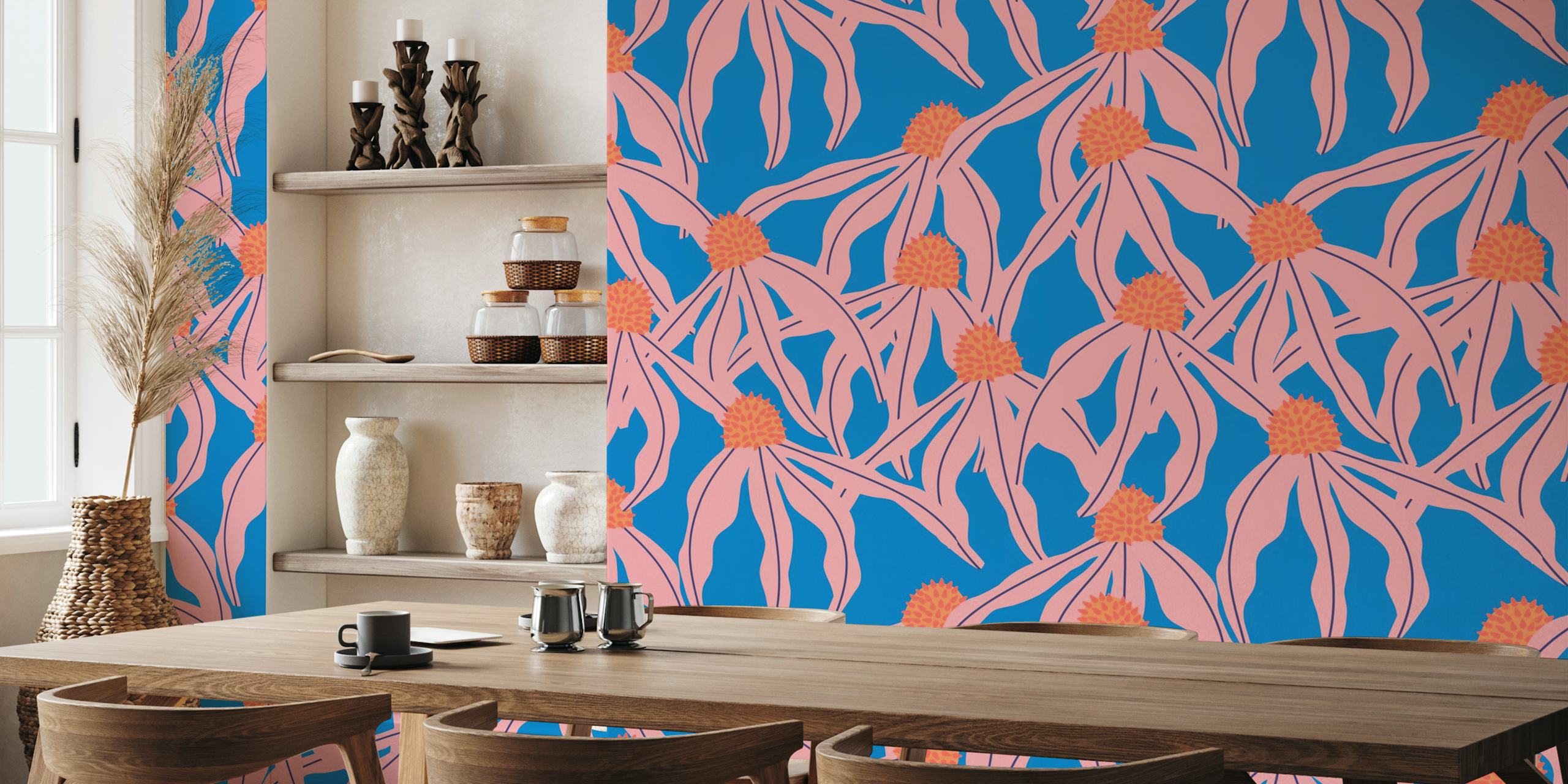 Coneflower flamingo pink blue wallpaper in una stanza
