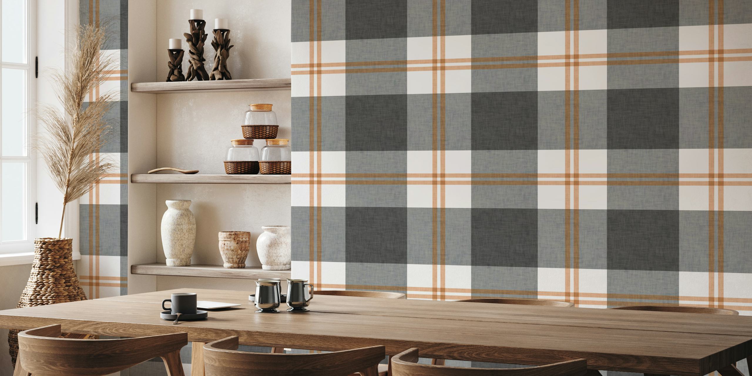 Grey plaid wallpaper featuring a linear design with brown accents in a modern style