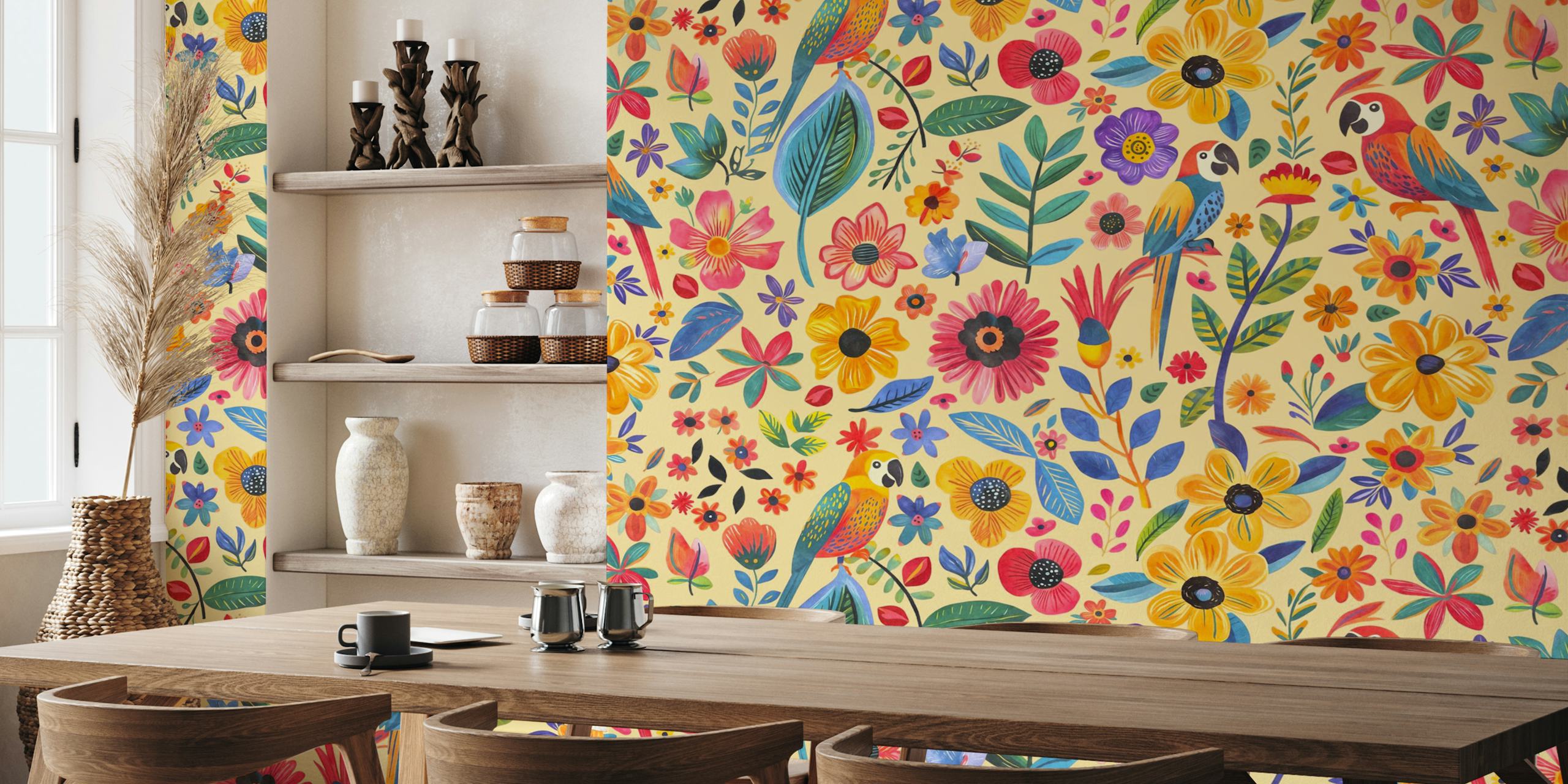 Exotic Floral e Parrot Paradise em um quarto