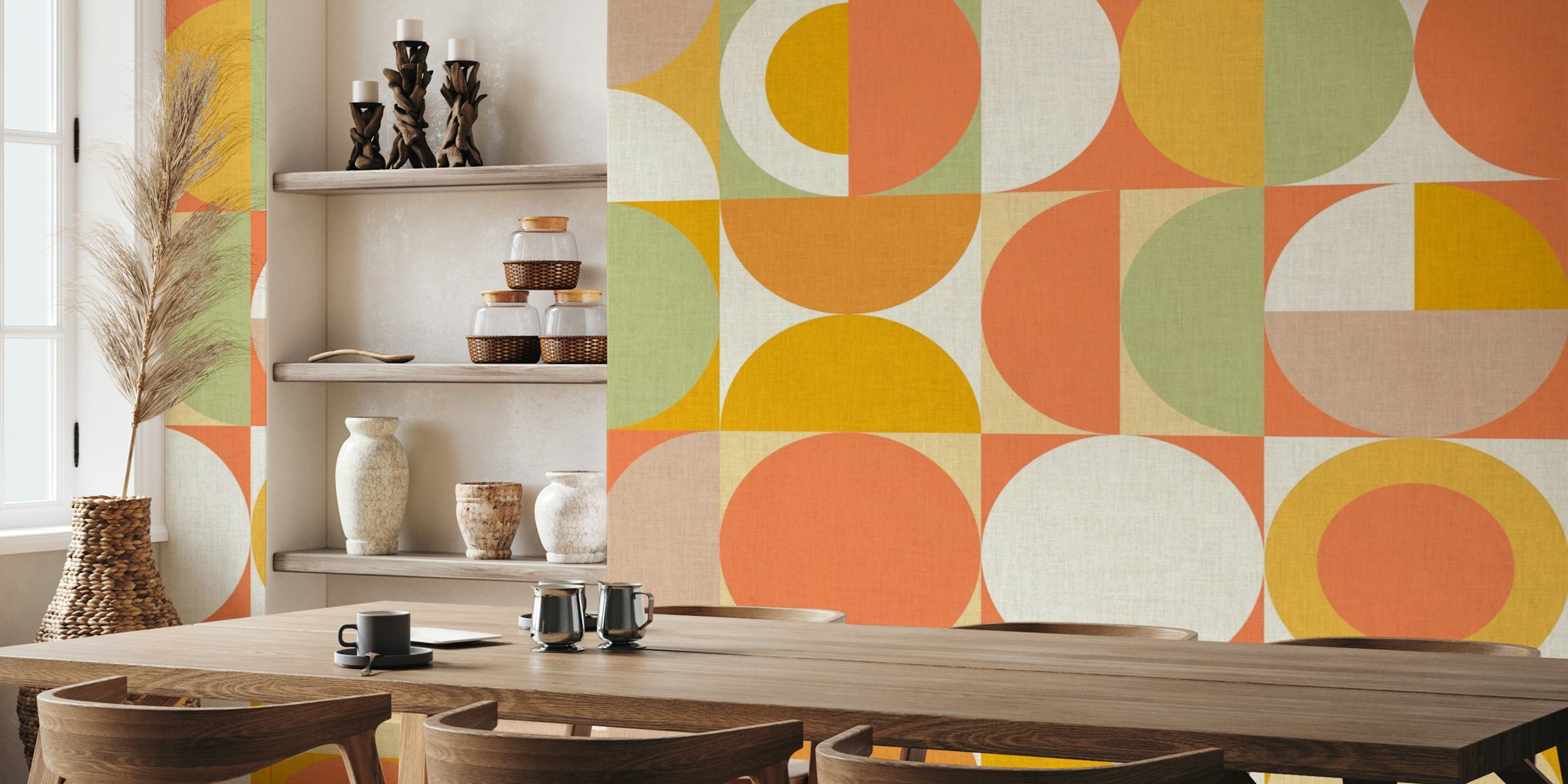 Geometric pattern wallpaper with circles in orange, yellow, green, and cream.