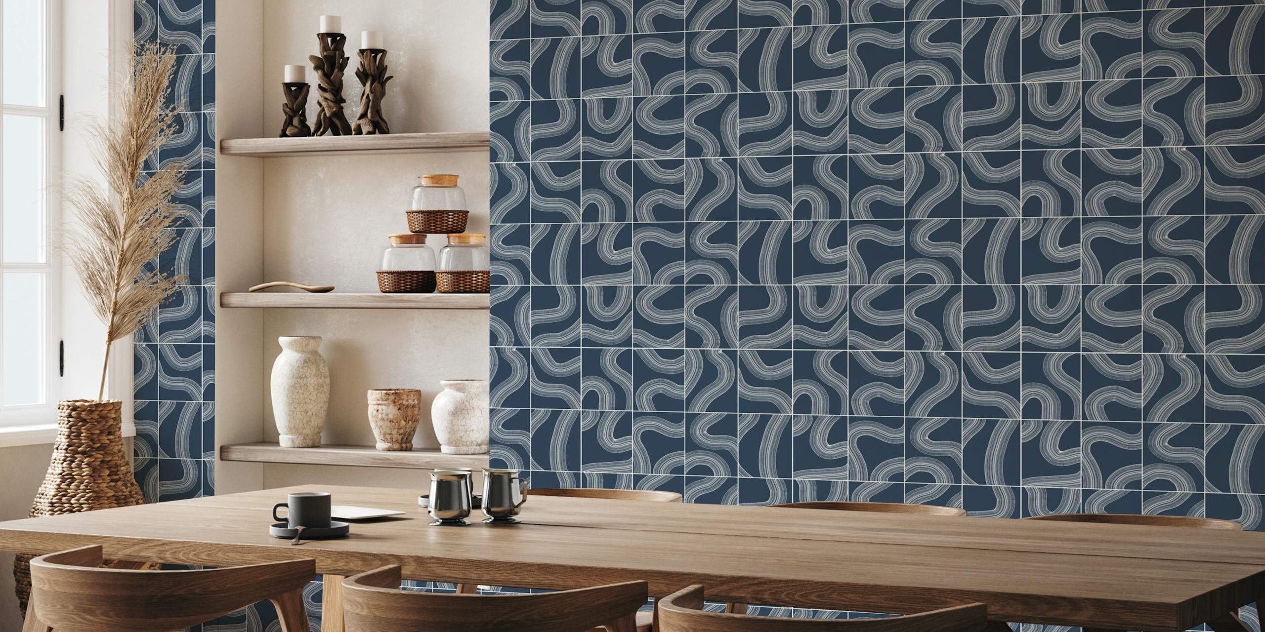 Navy wallpaper with white flowing lines in geometric pattern