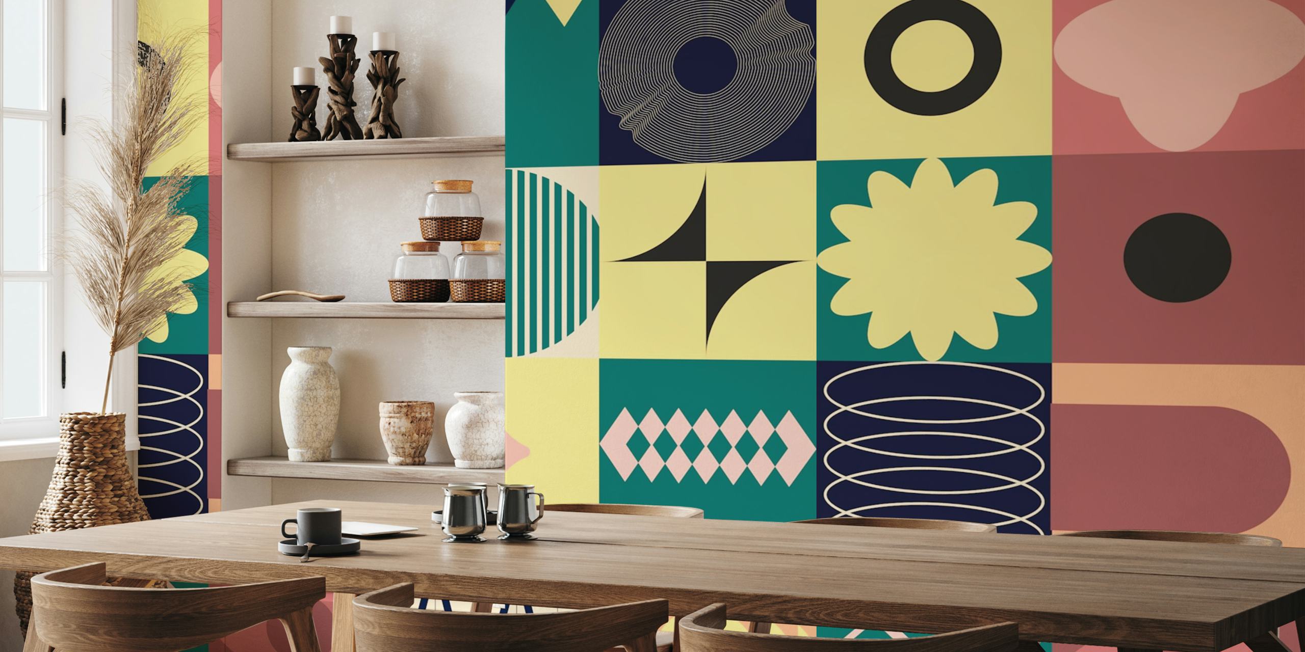 Geometric pattern wallpaper with pink, teal, and cream colors