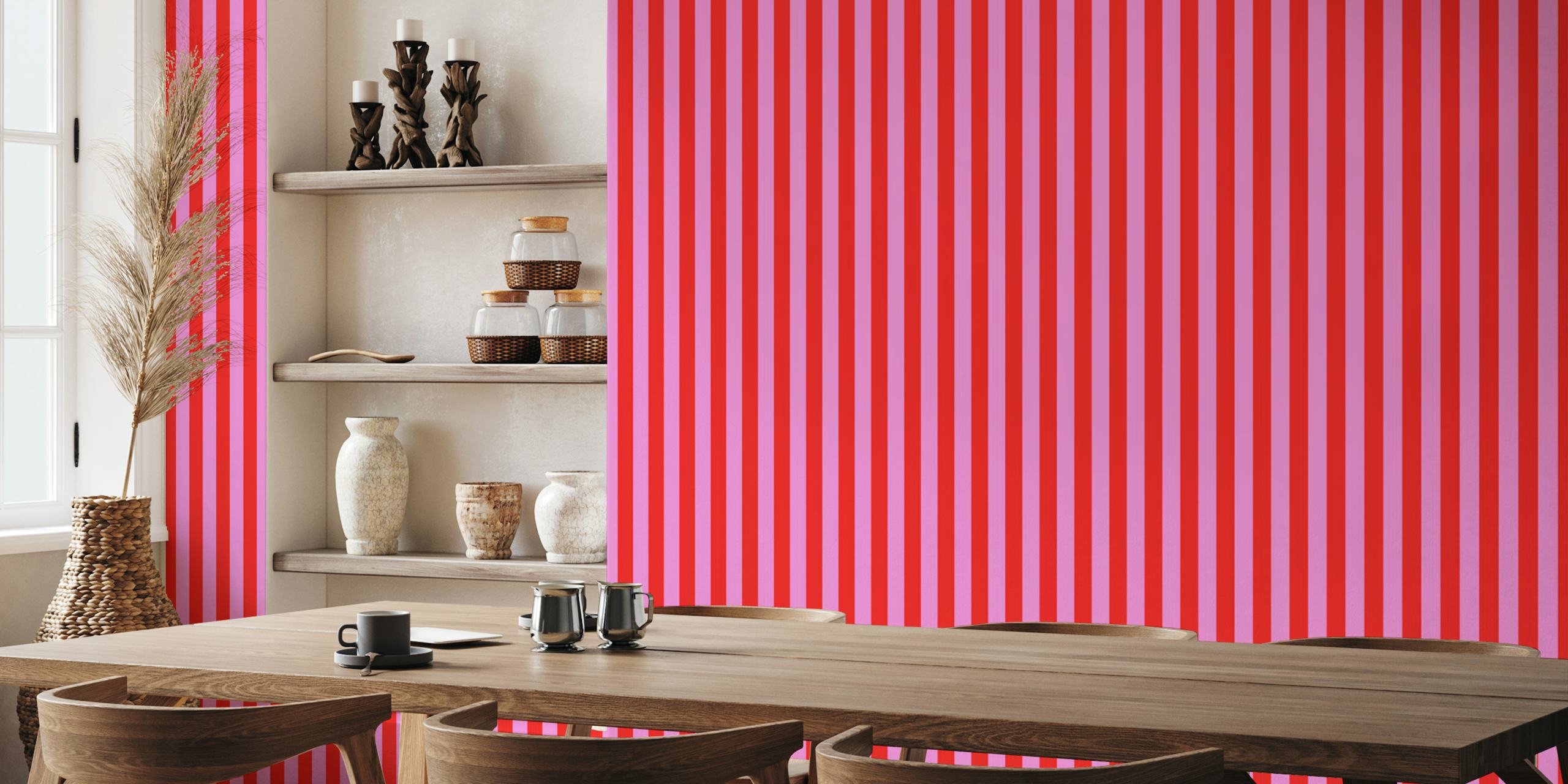 Preppy pink and red vertical stripes wallpaper in room