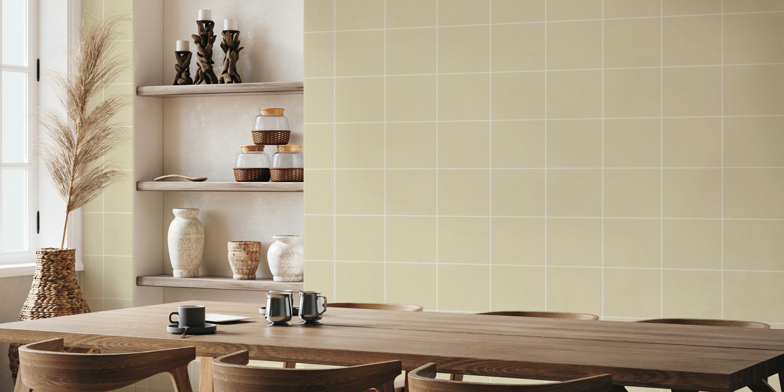 Medium Grid Pattern - Beige and White papel pintado en una habitación
