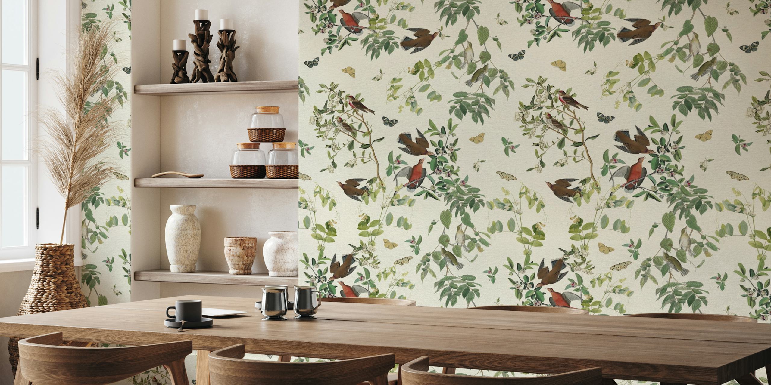 Wings and Flora Charm White Cream tapetti huoneessa