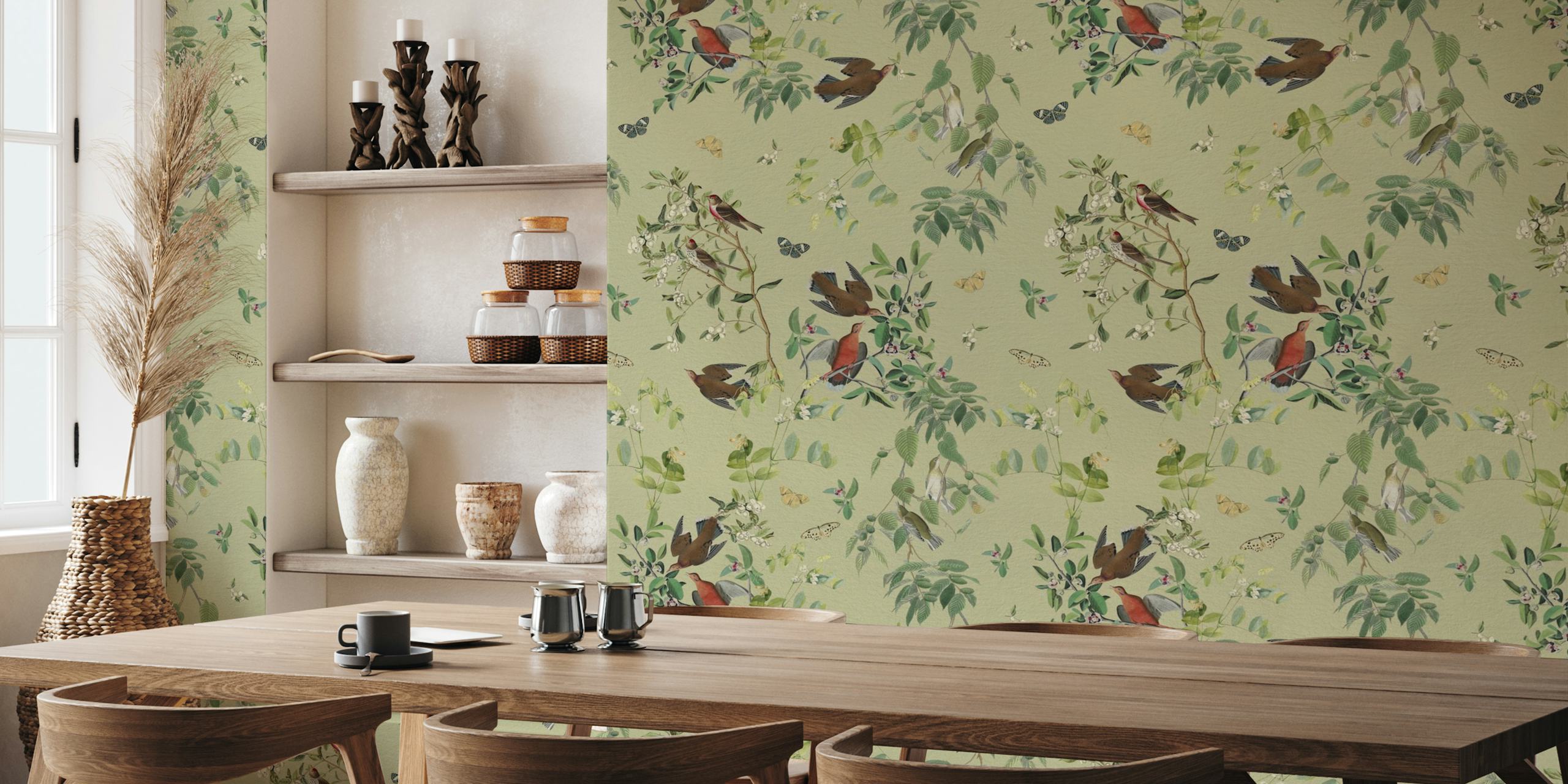 Wings and Flora Charm Olive Green Tapeteanzeige