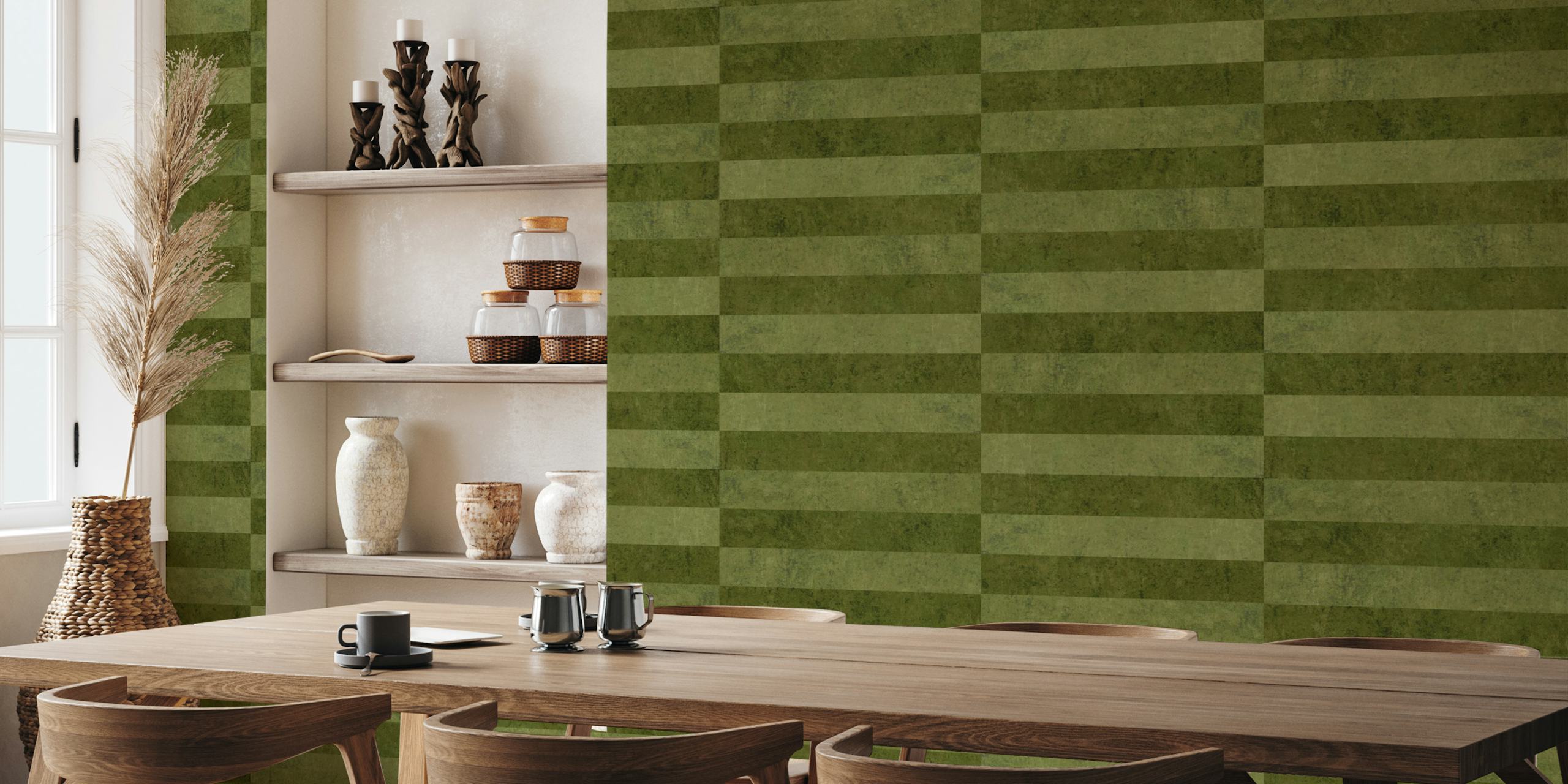 Olive green staggered stripes wallpaper in a room