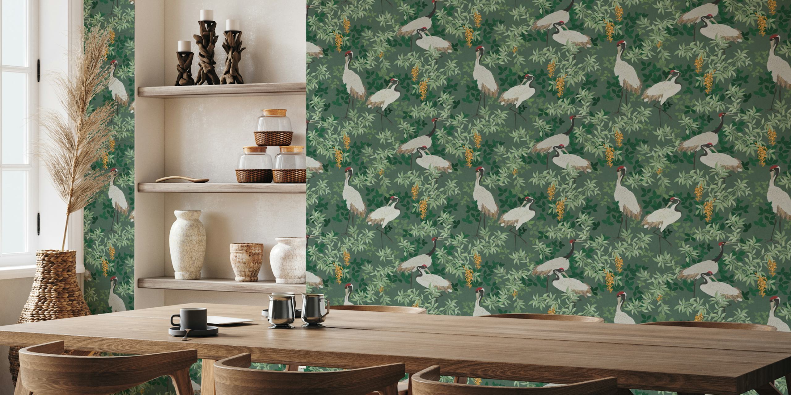Botanical wallpaper featuring cranes, green foliage, and florals