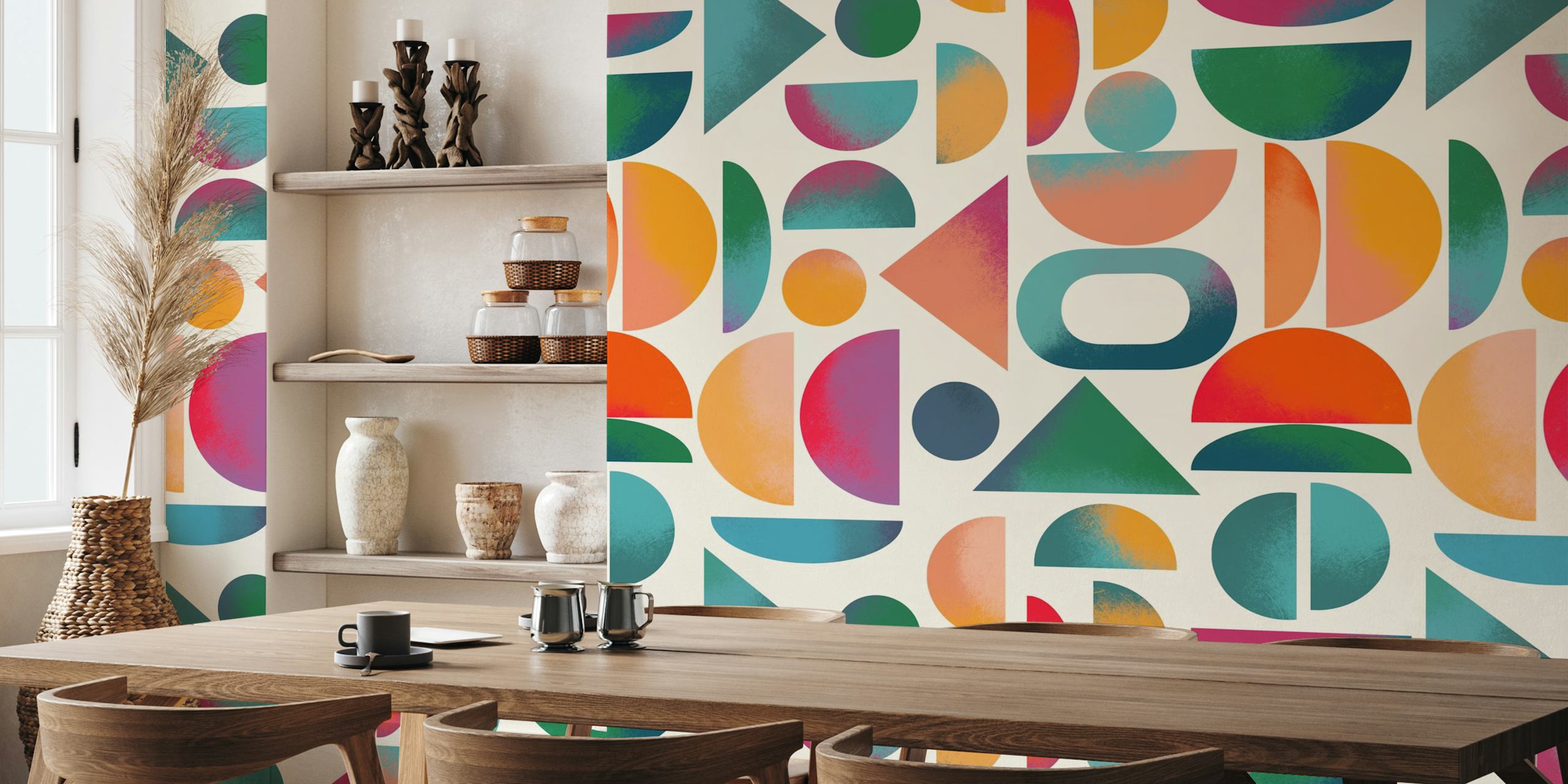 Vibrant geometric pattern wallpaper in a room