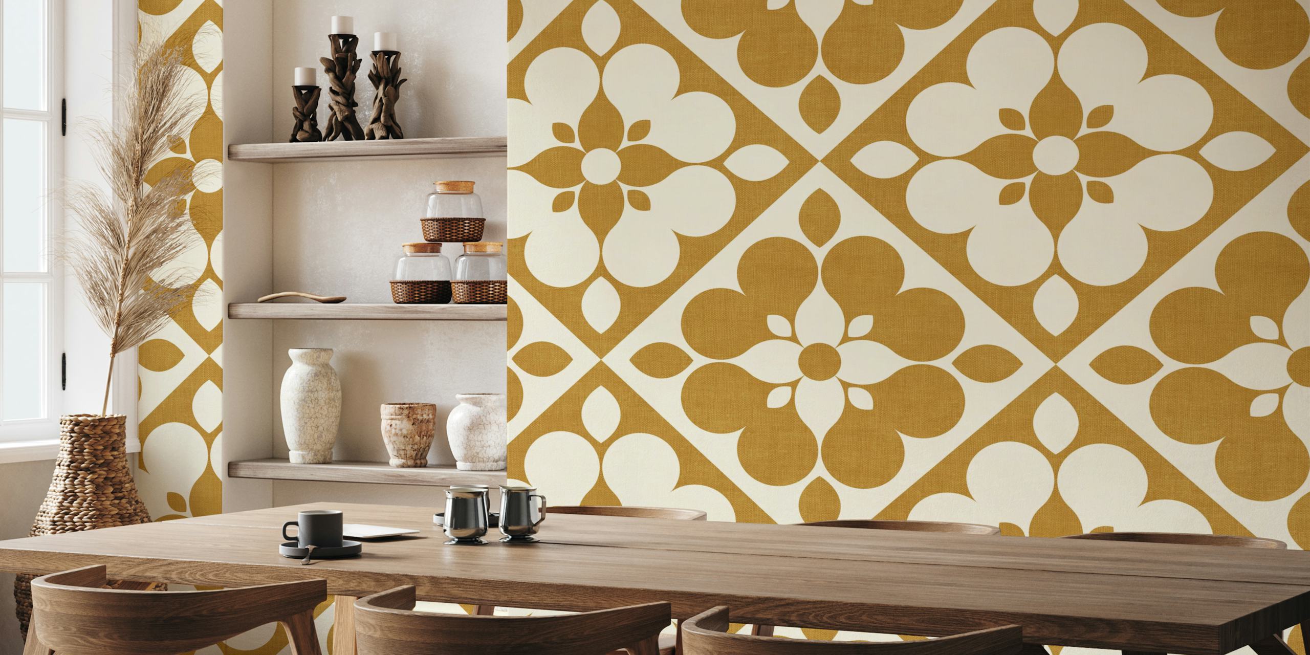Retro Geometric Floral Quilt wallpaper in a room